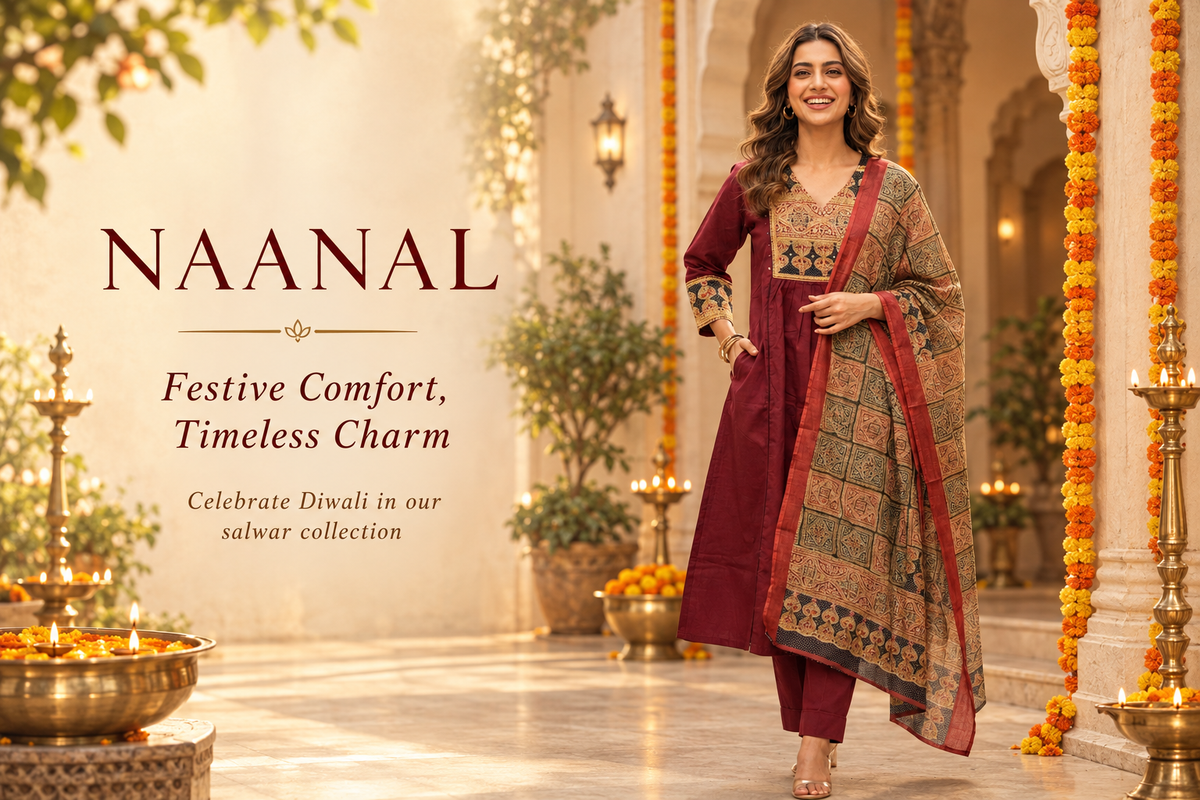Naanal Diwali banner featuring the maroon salwar set