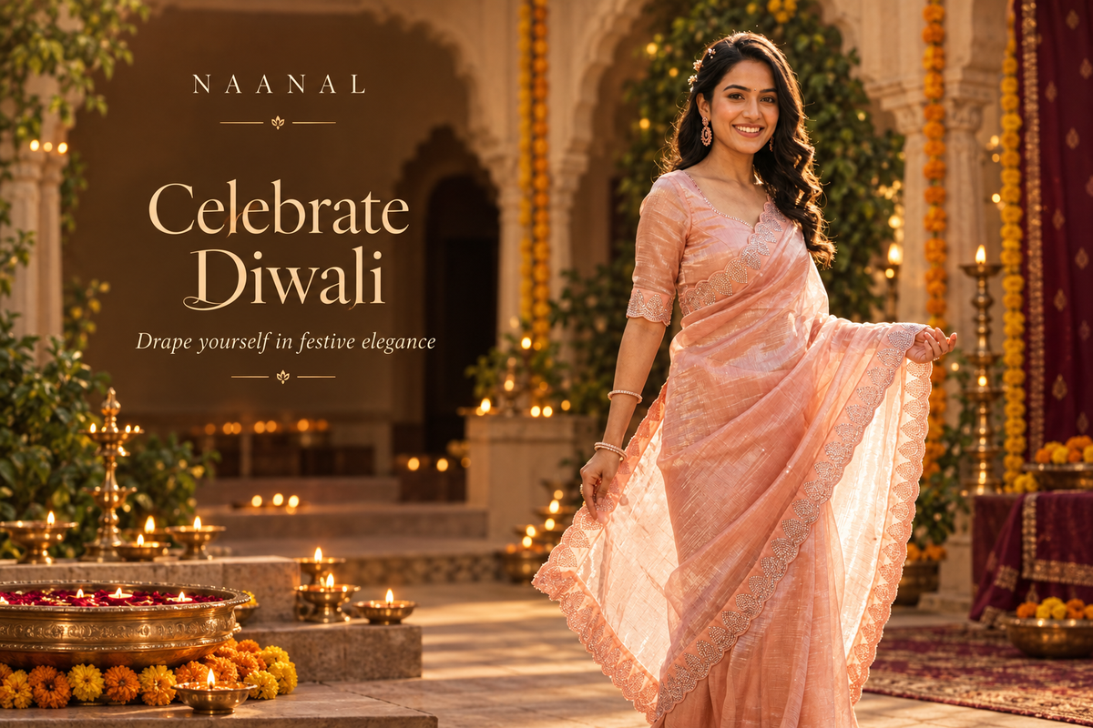 Naanal Diwali banner featuring the rose-pink festive saree
