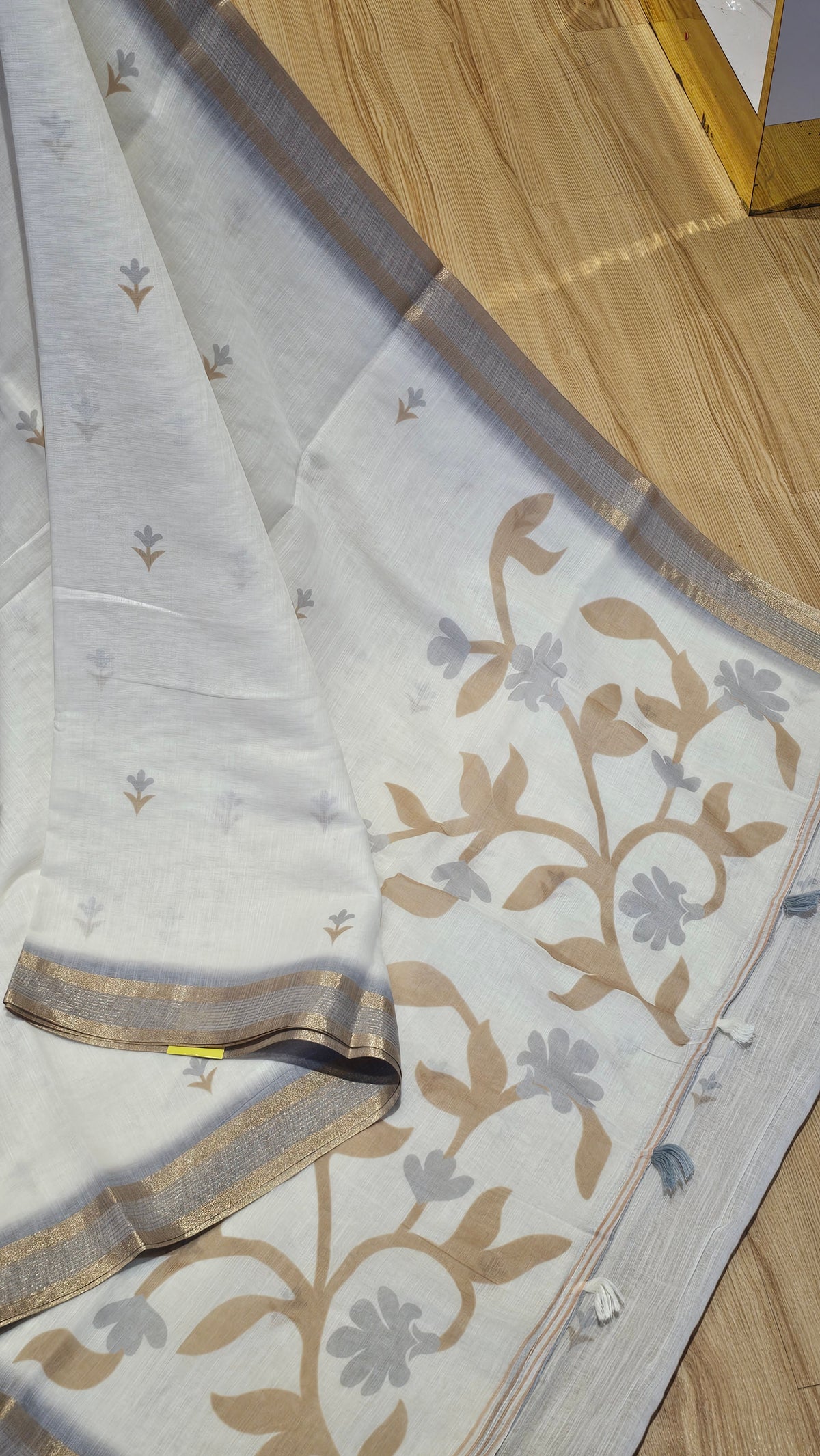 Off-White Floral Print Linen Cotton Saree | NAANAL