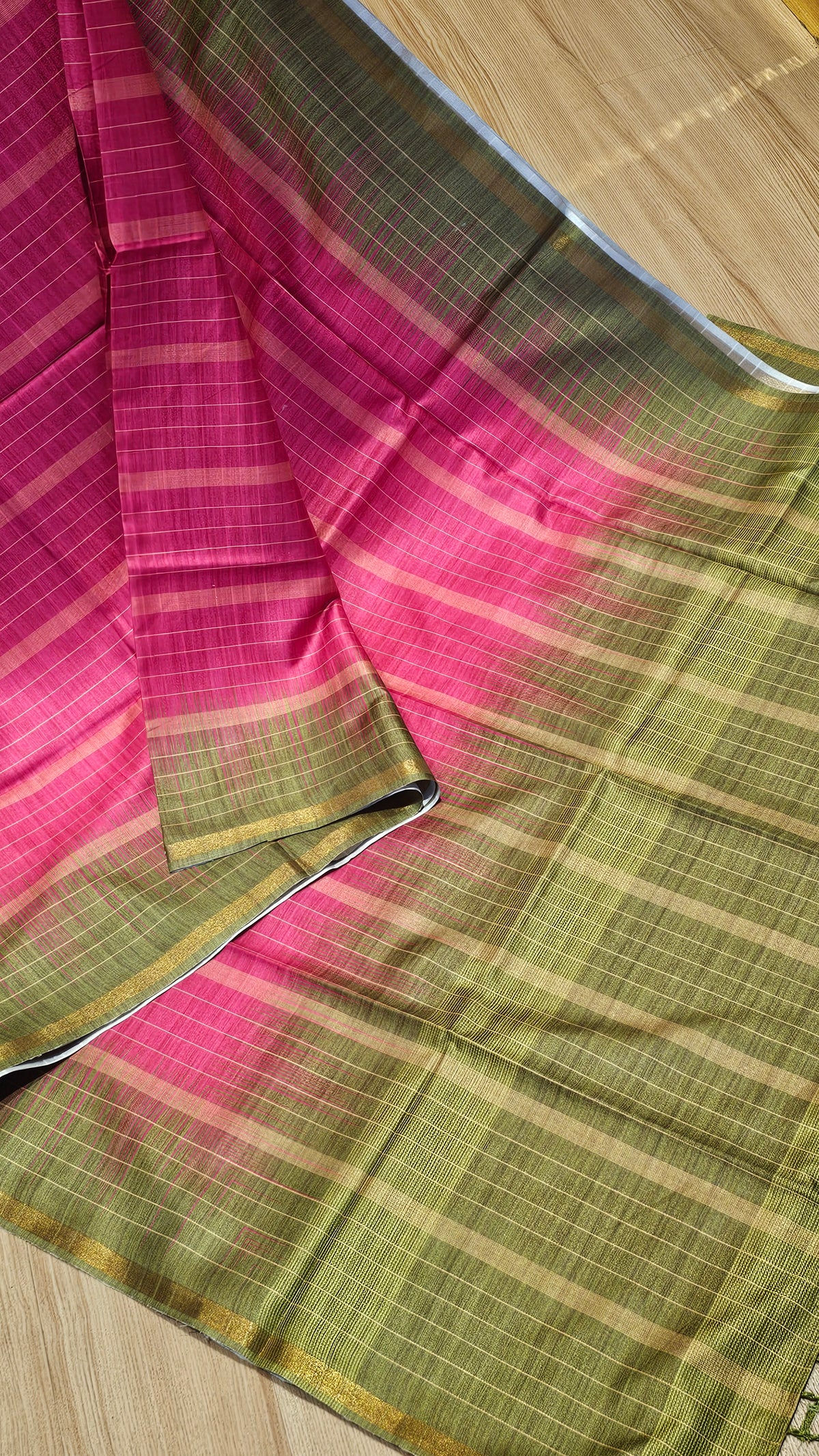 Rani Pink & Olive Green Matka Silk Saree with Zari Border | NAANAL