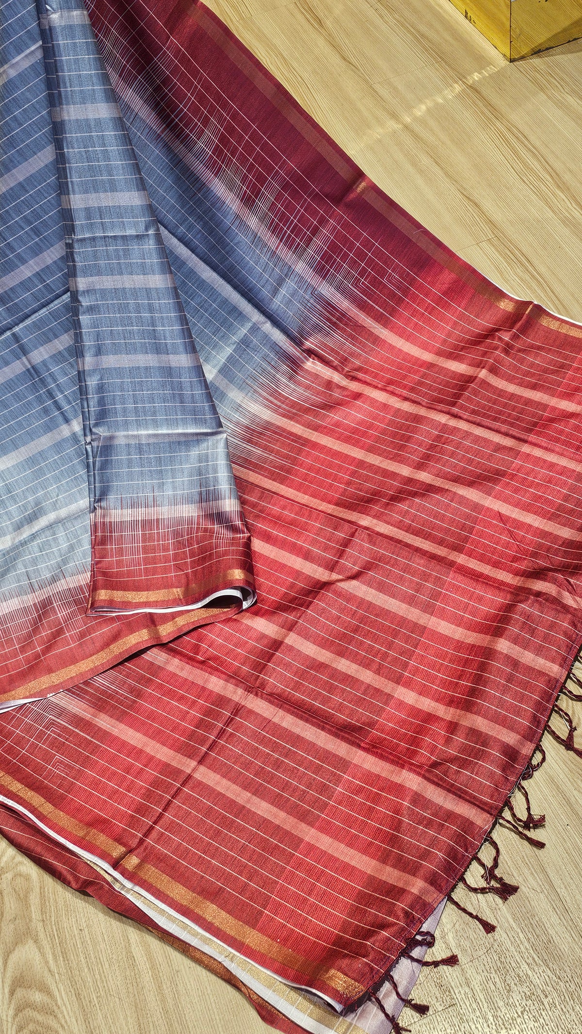Elegant Grey & Maroon Checkered Matka Silk Saree | Shop Festive & Casual Wear at Naanal