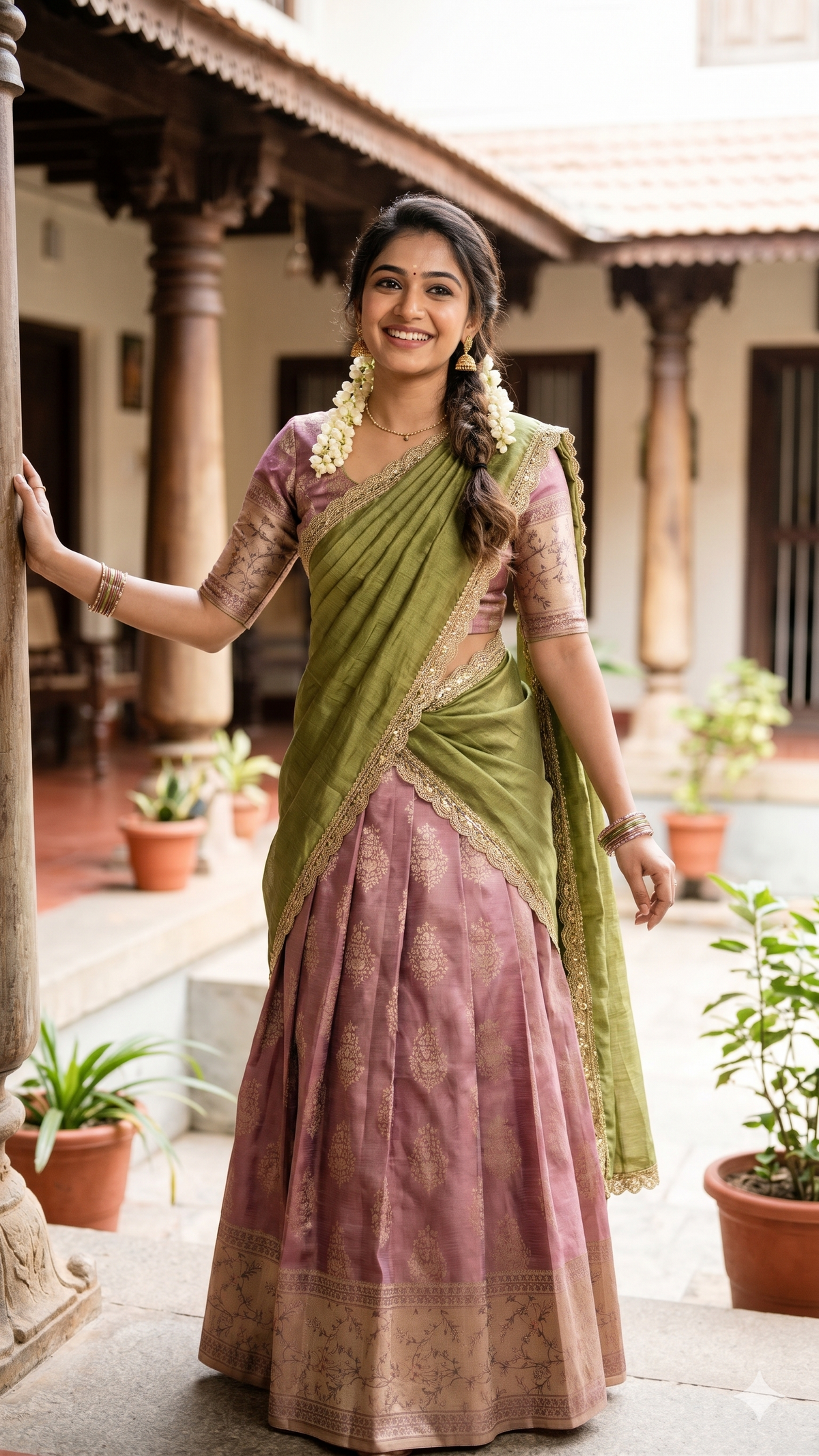 Elegant Tissue Silk Half Saree - Green & Pink | NAANAL