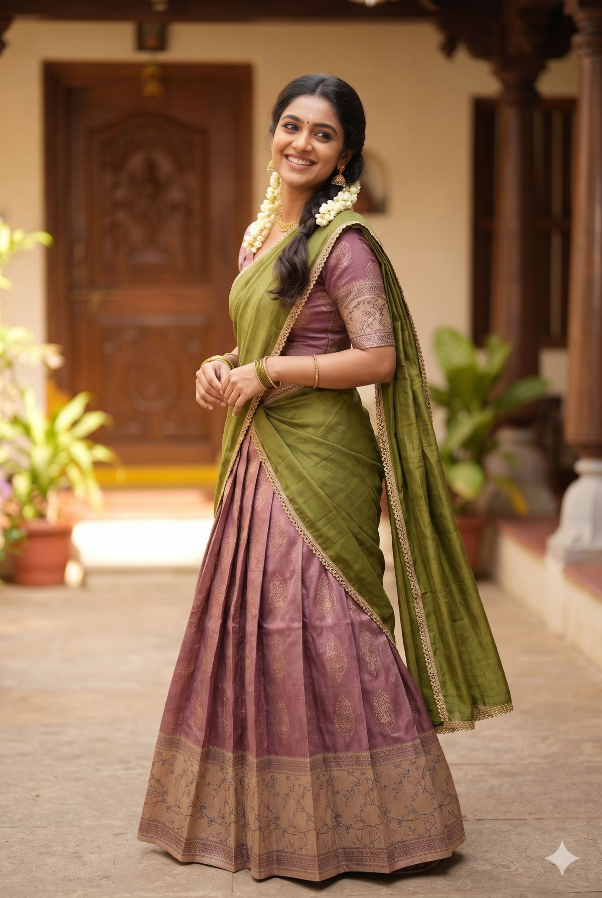 Elegant Tissue Silk Half Saree - Green & Pink | NAANAL