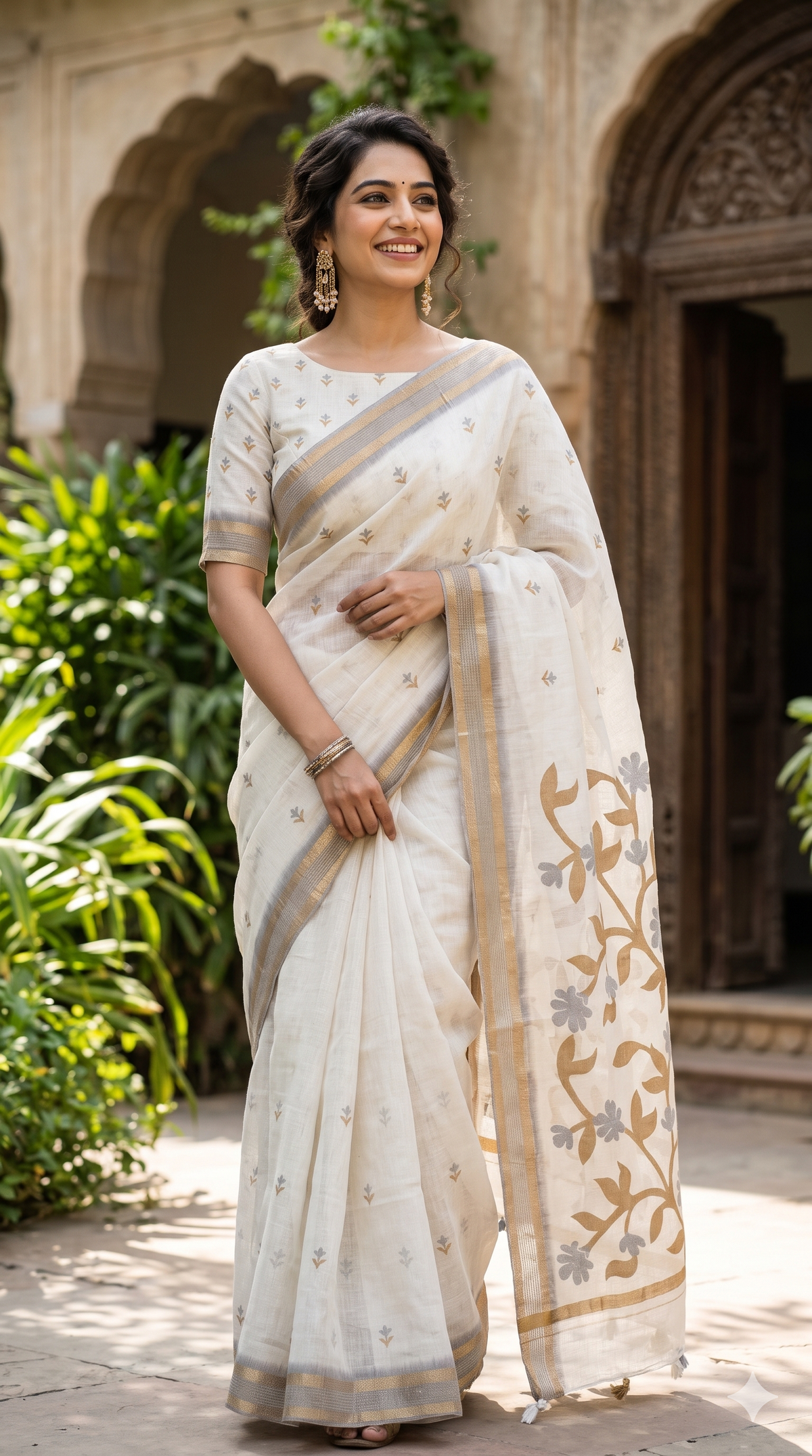 Off-White Floral Print Linen Cotton Saree | NAANAL