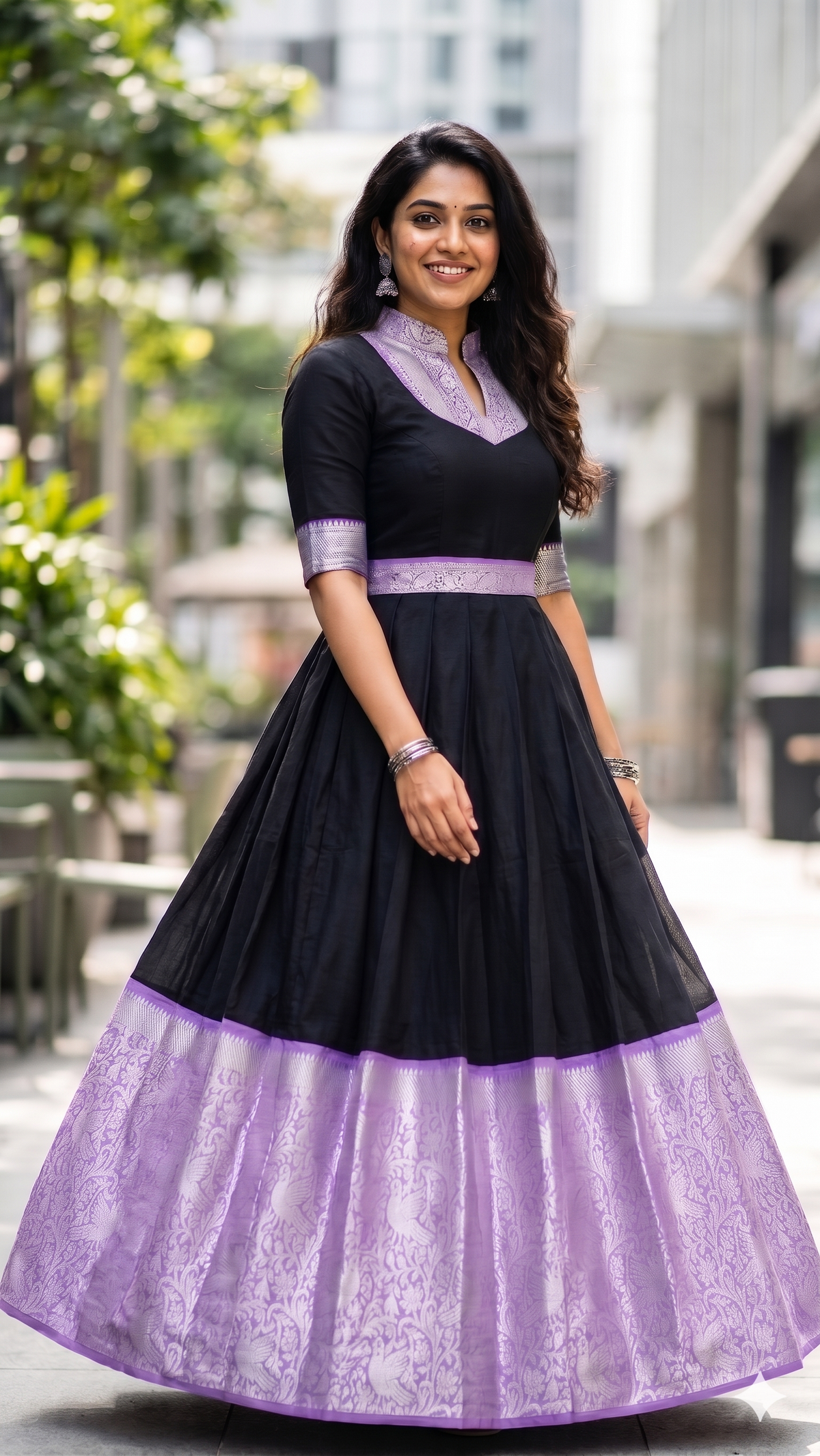 Black & Lilac Sungudi Cotton Frock with Zari Border - Festive Wear | NAANAL