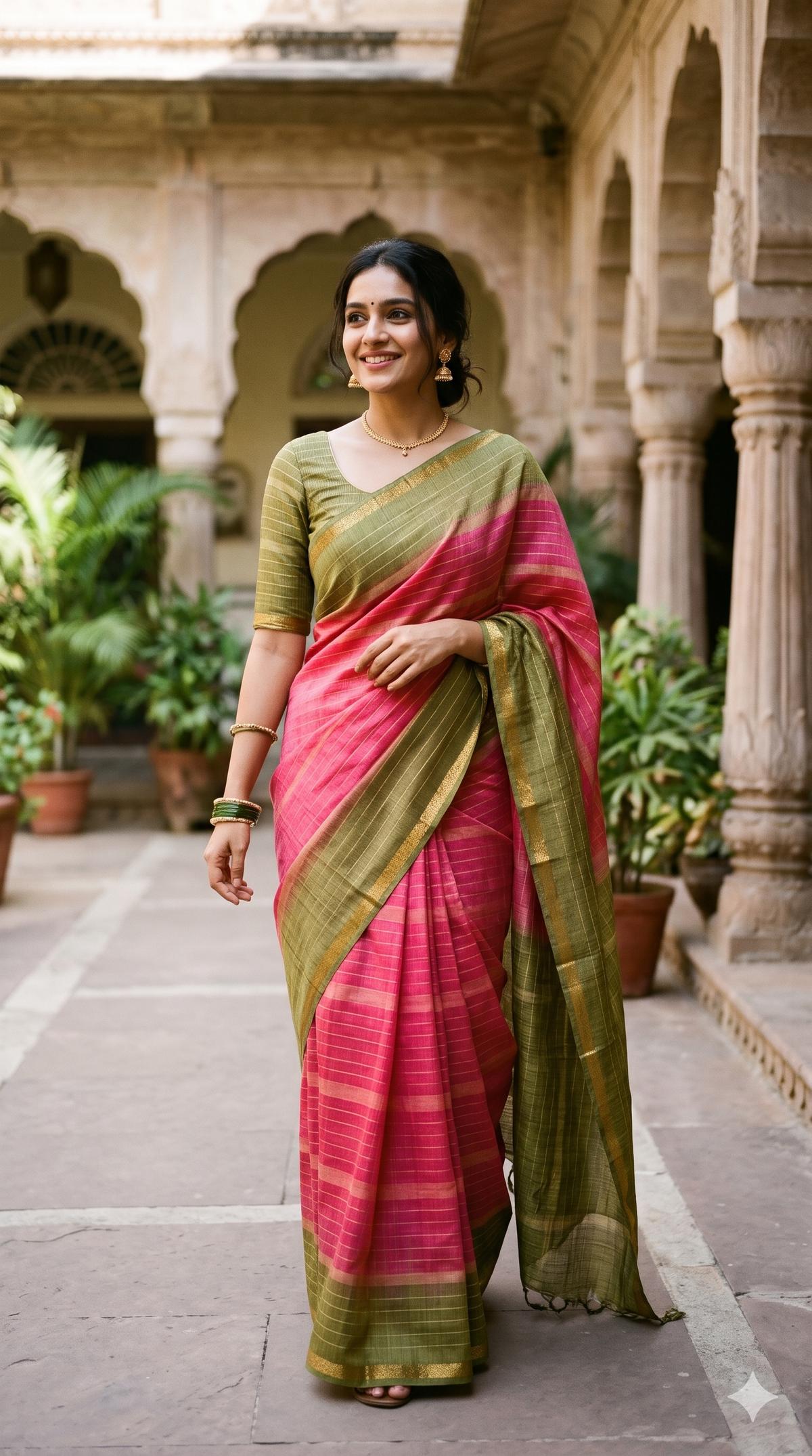 Rani Pink & Olive Green Matka Silk Saree with Zari Border | NAANAL