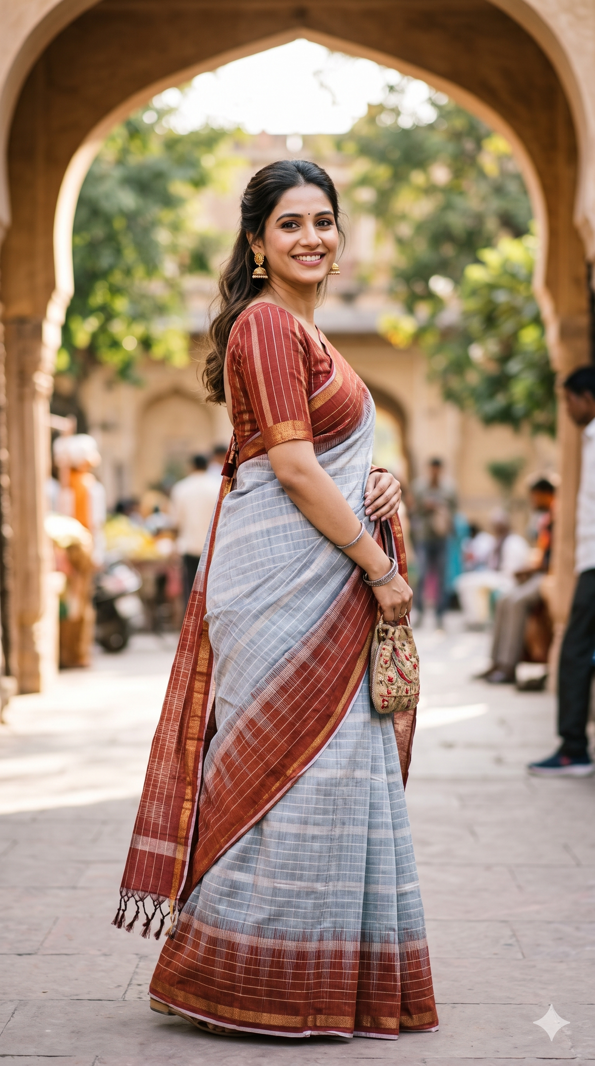Elegant Grey & Maroon Checkered Matka Silk Saree | Shop Festive & Casual Wear at Naanal