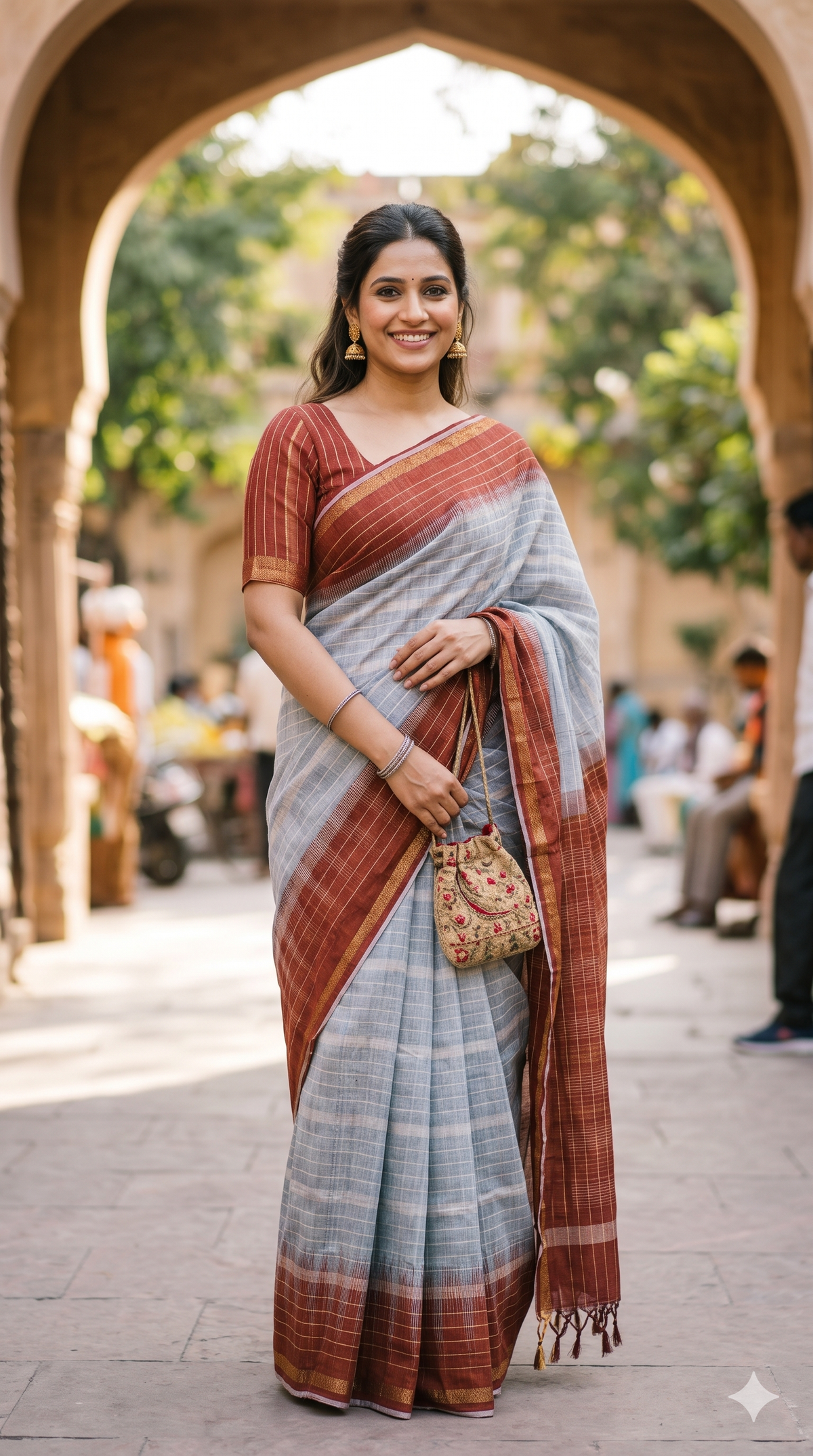 Elegant Grey & Maroon Checkered Matka Silk Saree | Shop Festive & Casual Wear at Naanal