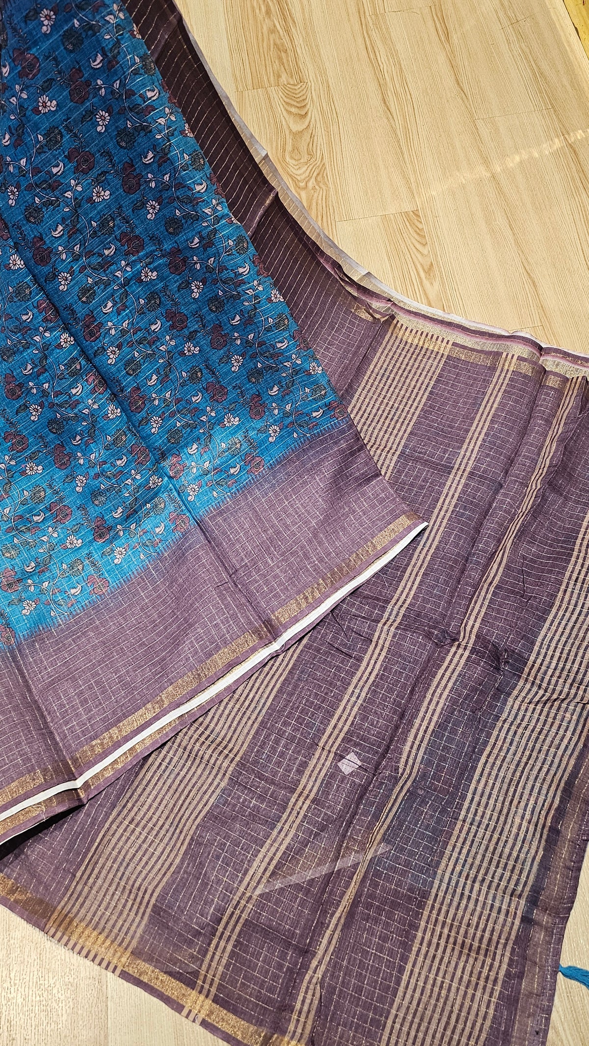 Printed Checks Linen Cotton Saree | Brown & Blue Floral Motif – NAANAL