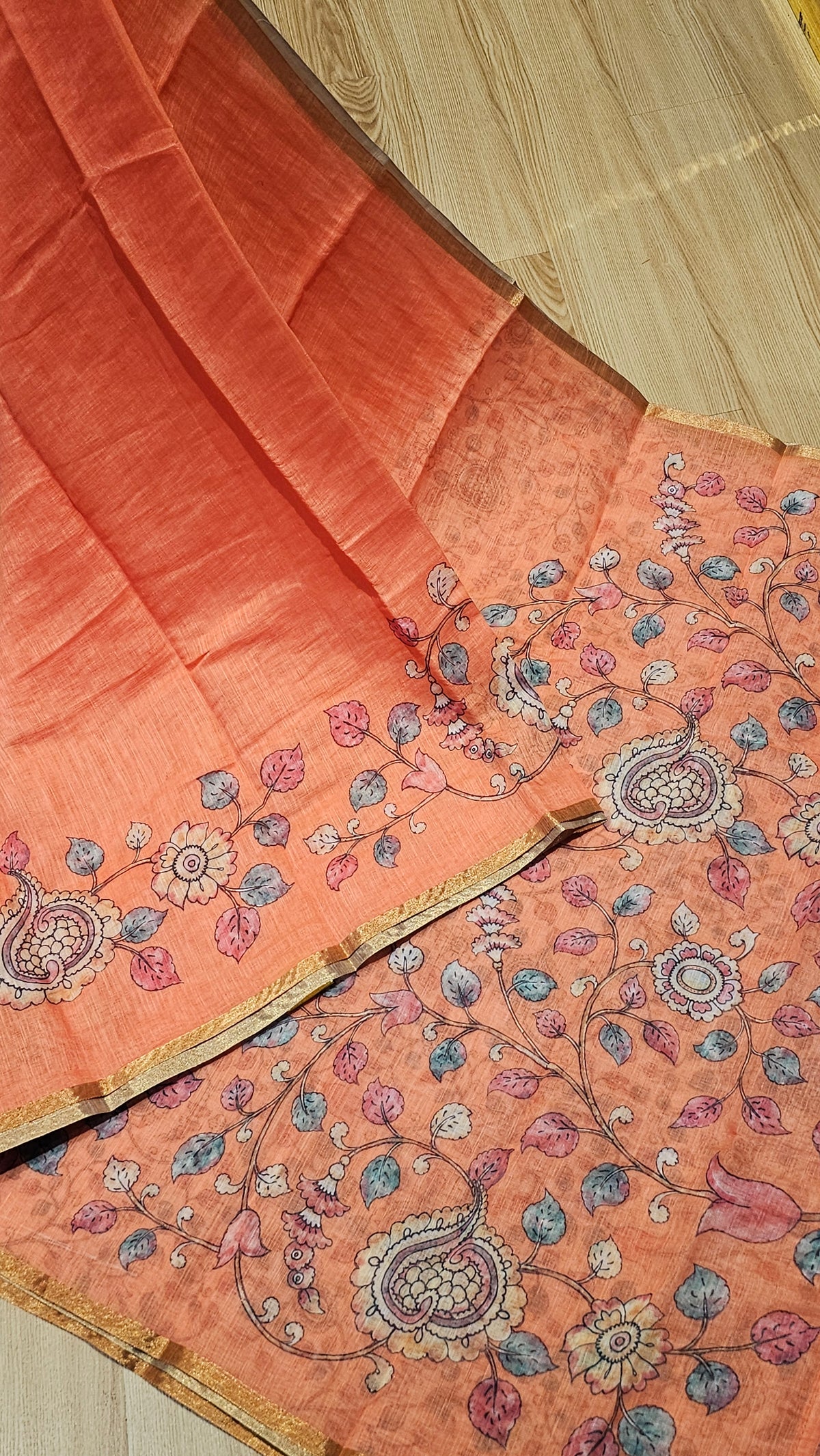 Vibrant Orange Floral Printed Linen Cotton Saree | NAANAL