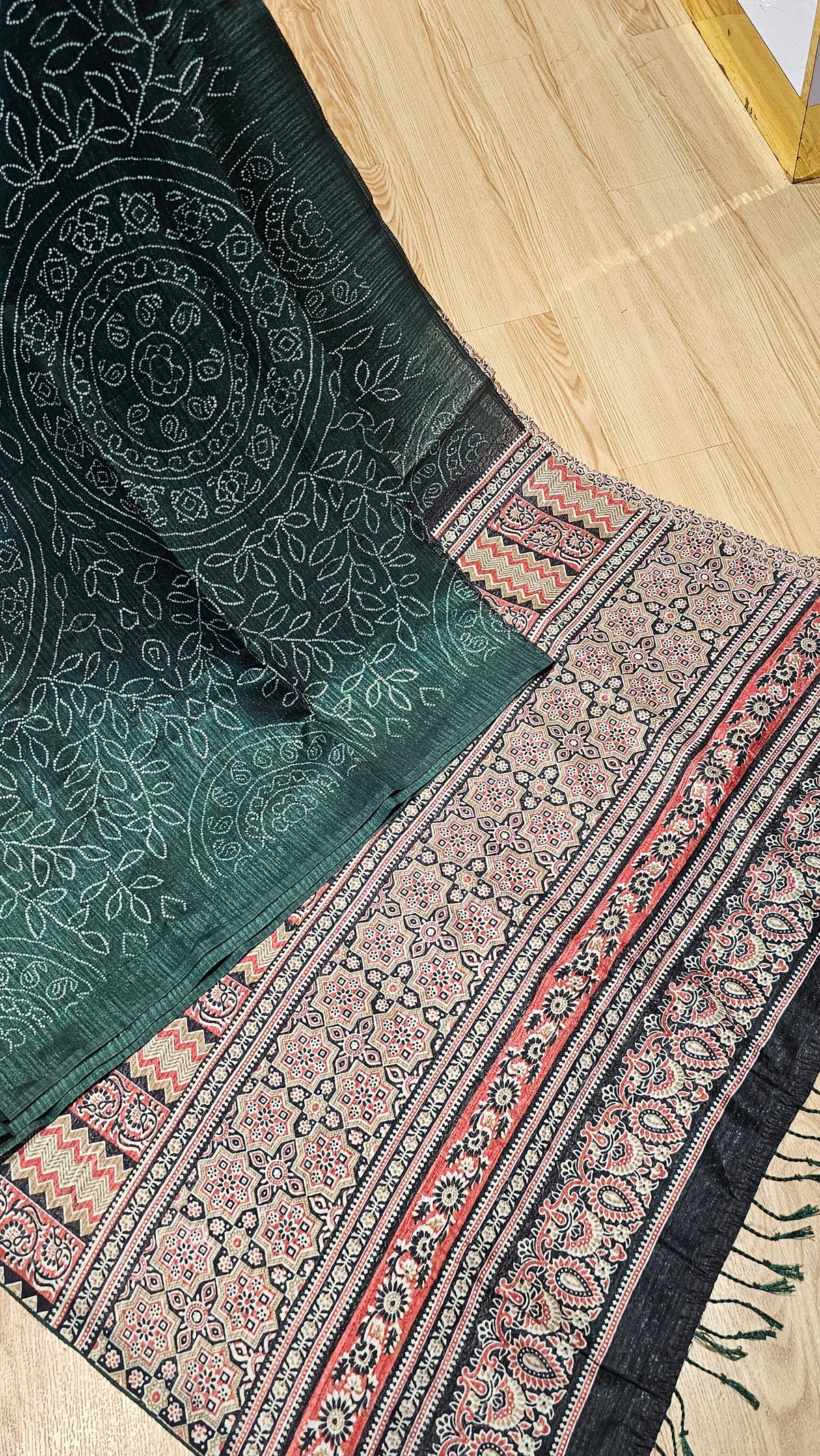 Dark Green Printed Jute Cotton Saree with Contrast Blouse | NAANAL