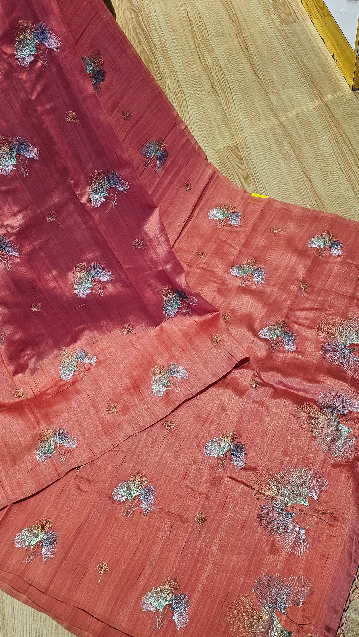 Elegant Rust Orange Matka Silk Saree with Floral Embroidery | Naanal