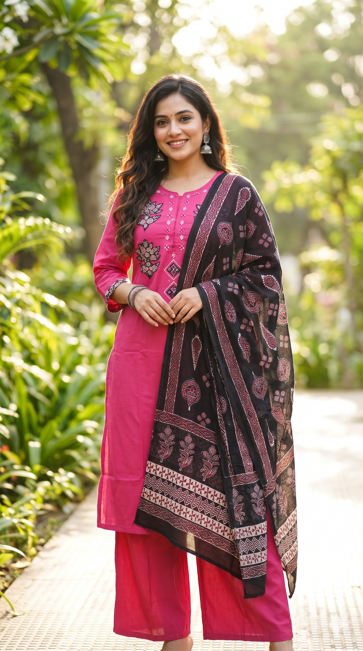 Pink Cotton Salwar Suit with Printed Black Dupatta | NAANAL