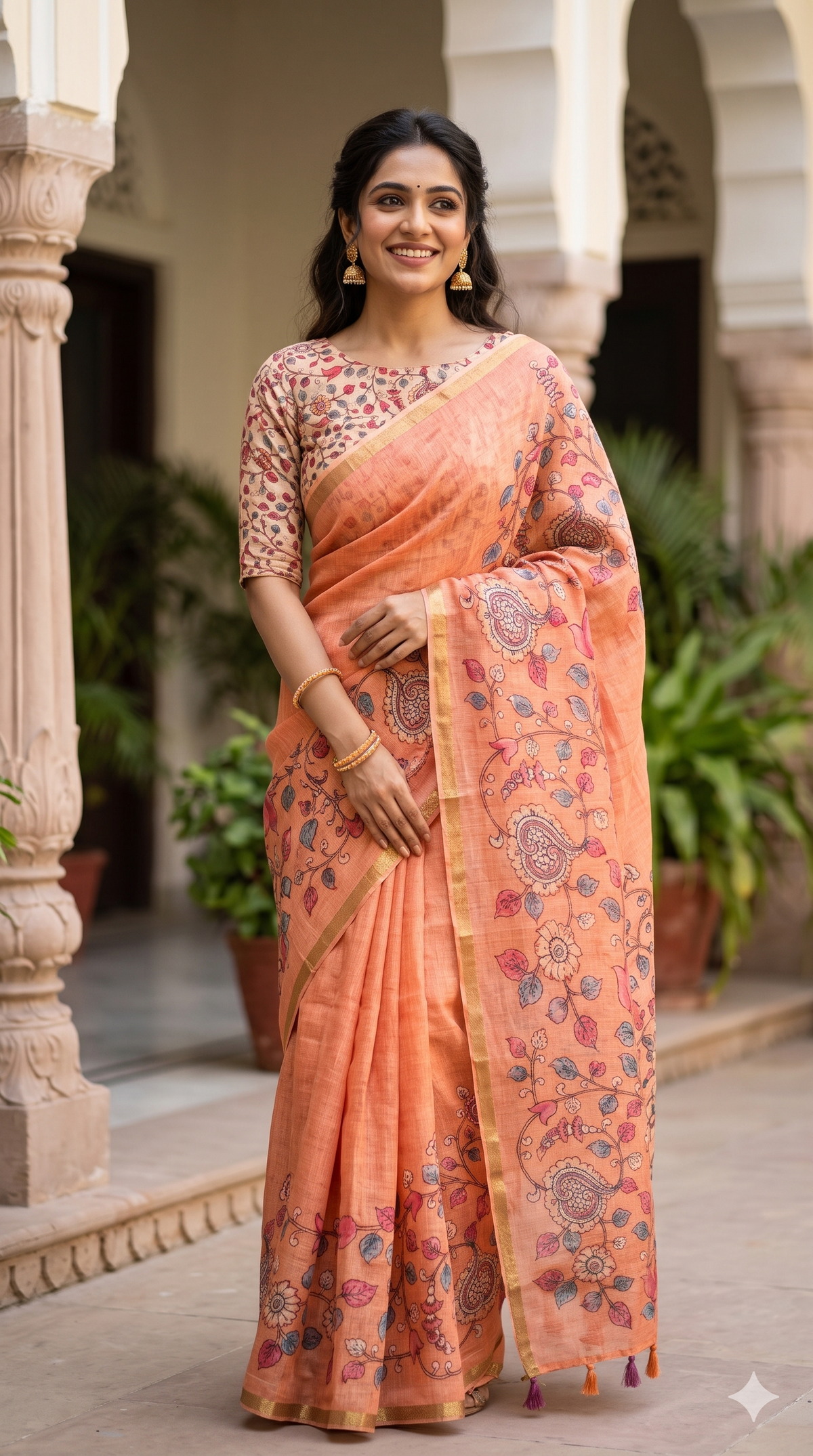 Vibrant Orange Floral Printed Linen Cotton Saree | NAANAL