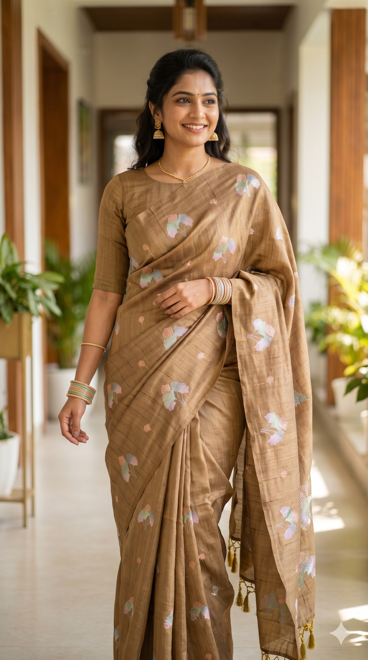 Matka Silk Saree with Pastel Floral Embroidery