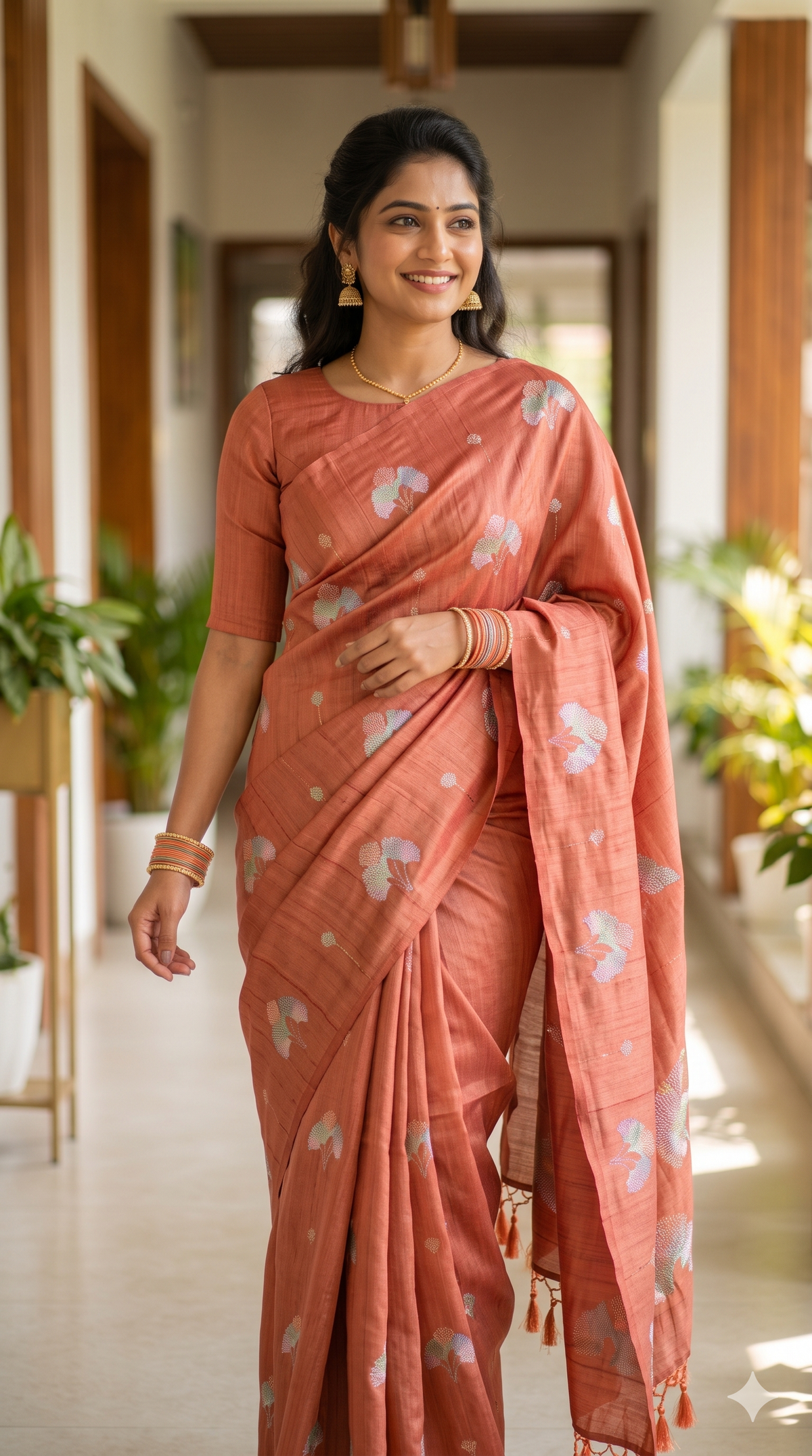 Elegant Rust Orange Matka Silk Saree with Floral Embroidery | Naanal