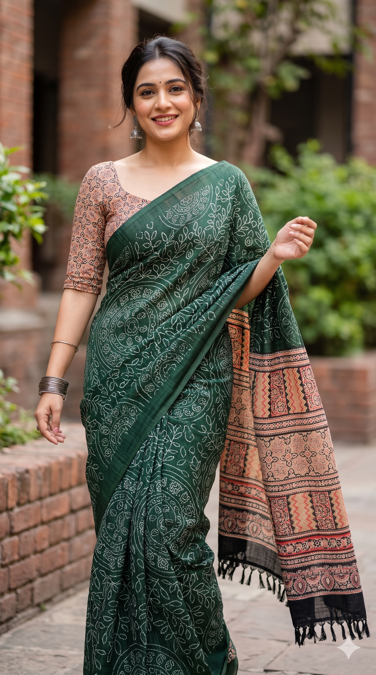 Dark Green Printed Jute Cotton Saree with Contrast Blouse | NAANAL
