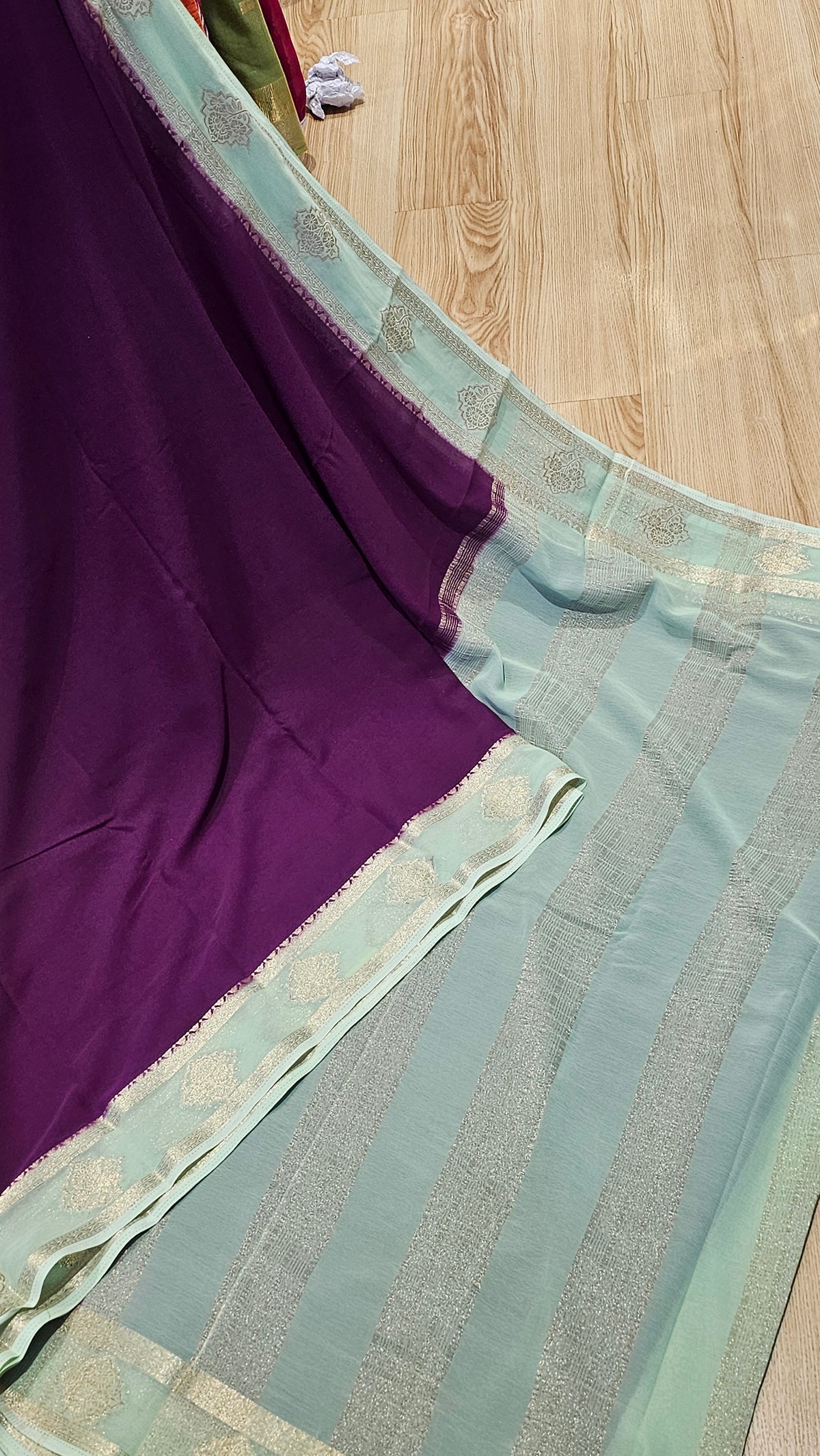 Plum Purple & Mint Green Georgette Saree | NAANAL