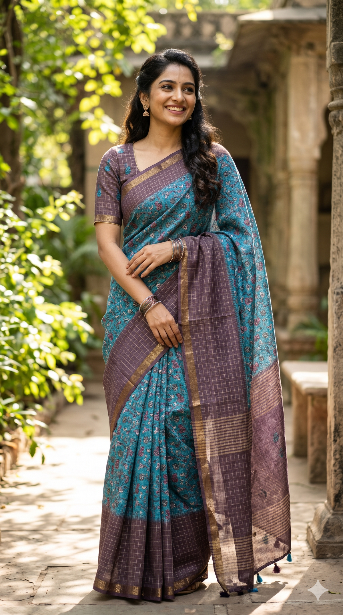 Printed Checks Linen Cotton Saree | Brown & Blue Floral Motif – NAANAL