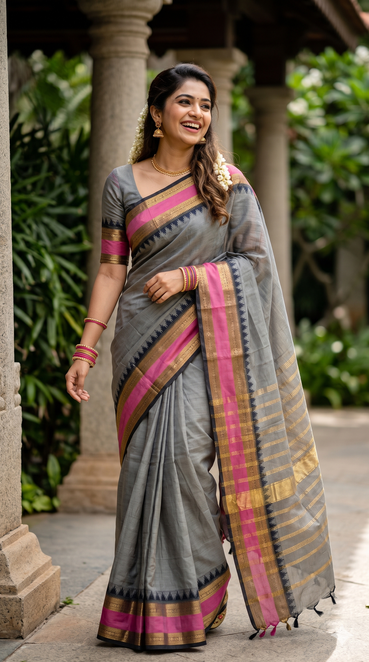 Authentic Grey Chettinad Cotton Saree - Pink Temple Border | NAANAL