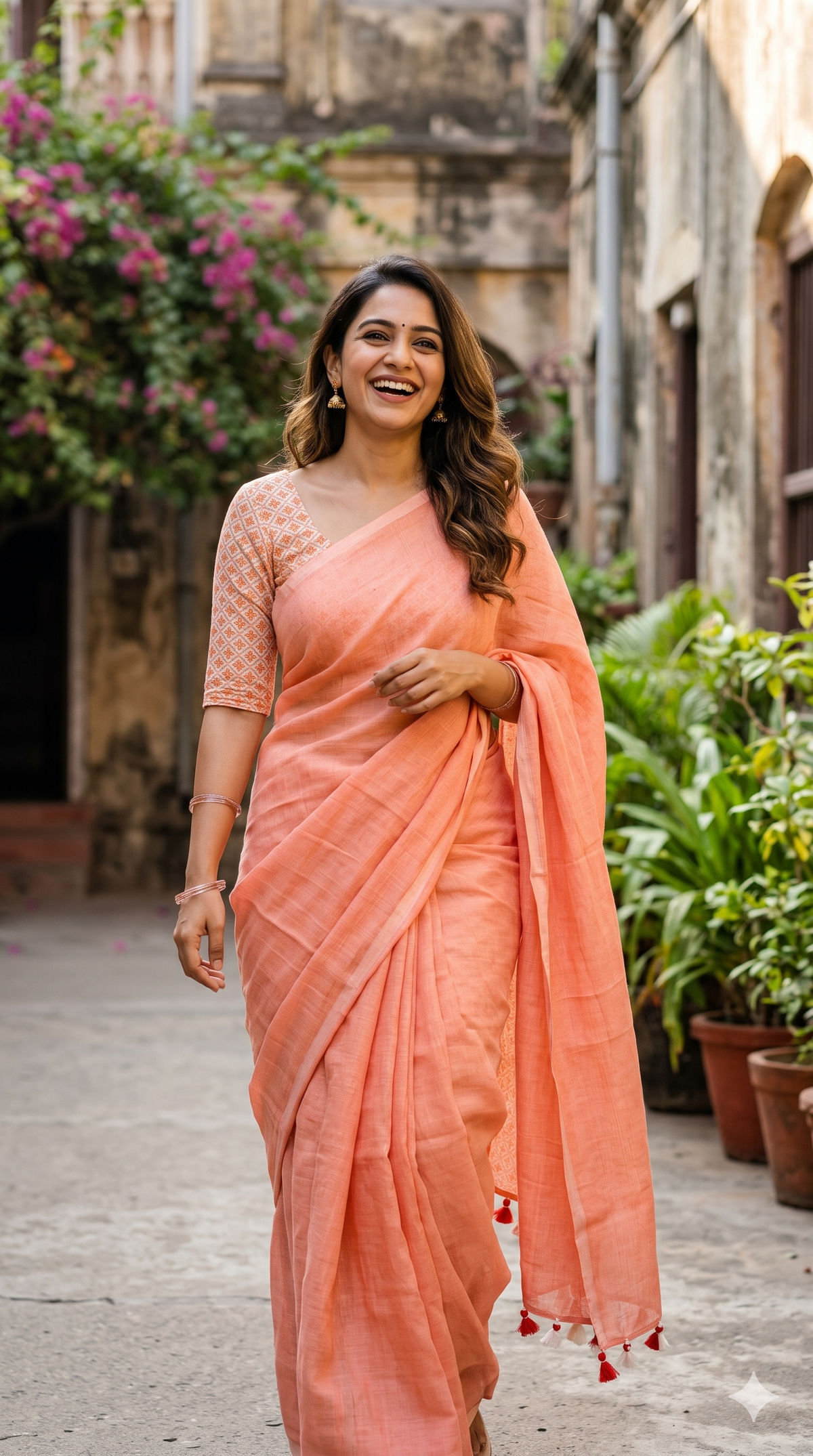 Elegant Peach Khadi Saree with Printed Blouse | Office Wear Collection