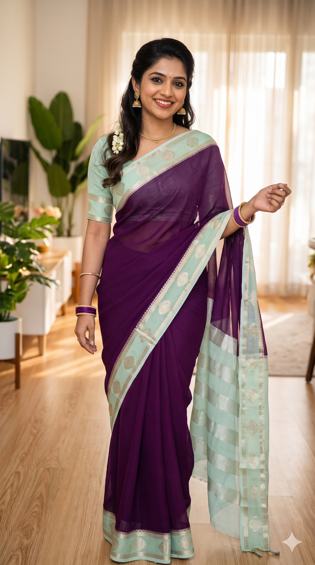 Plum Purple & Mint Green Georgette Saree | NAANAL