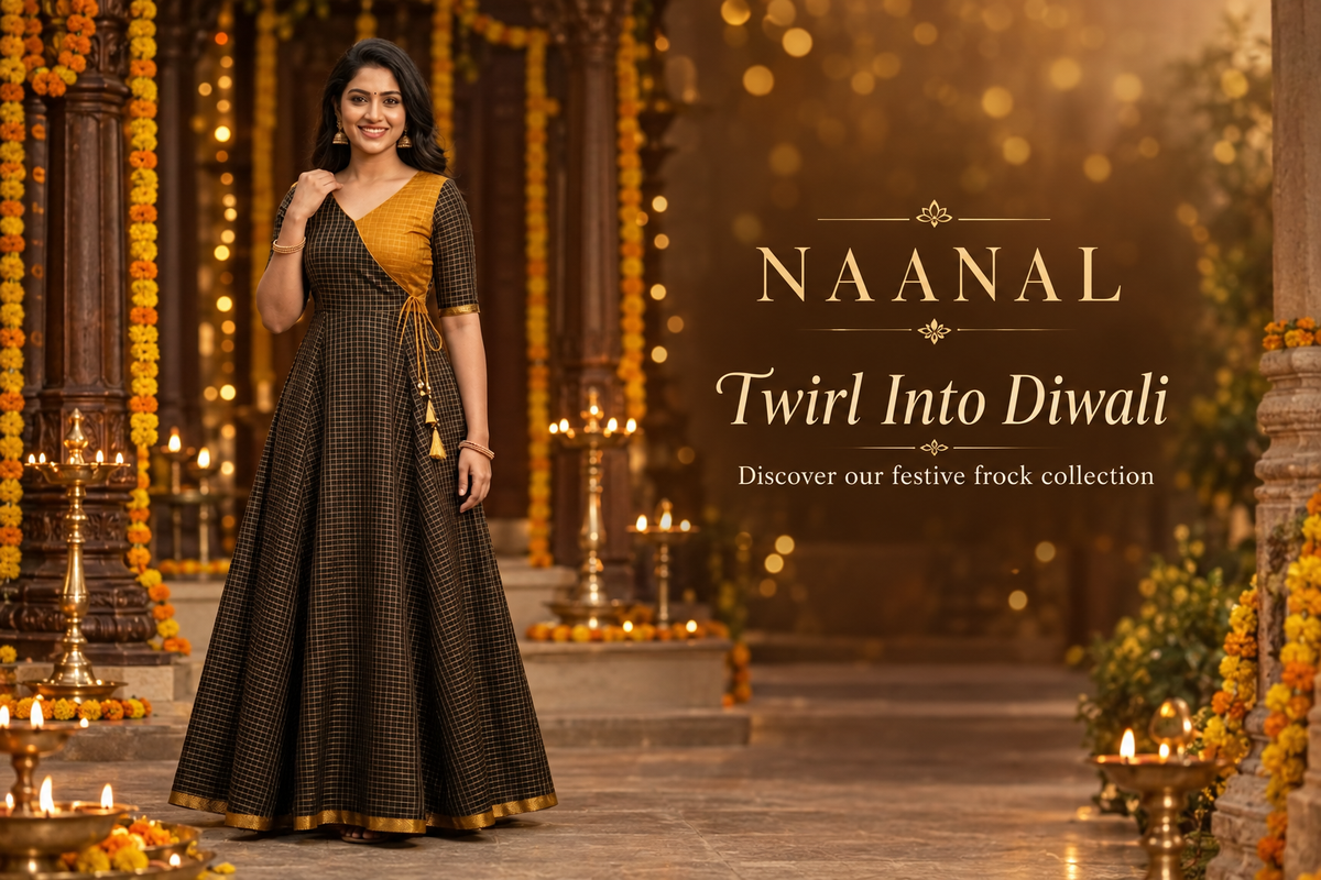 Naanal Diwali banner featuring the black-and-mustard frock