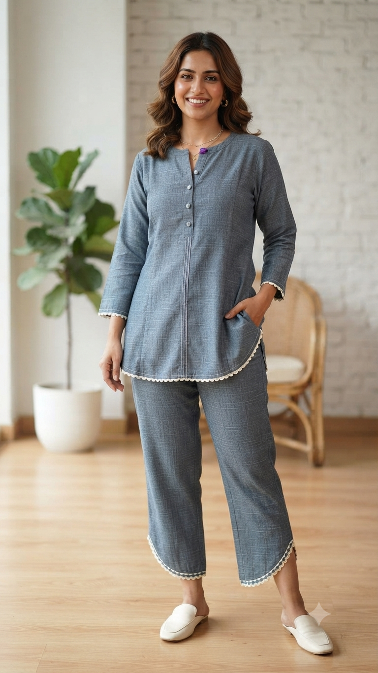A woman modeling a two-piece gray pajama set with a subtle textured pattern, featuring a long-sleeve button-up top and matching cropped pants with white lace trim, in a bright indoor room.