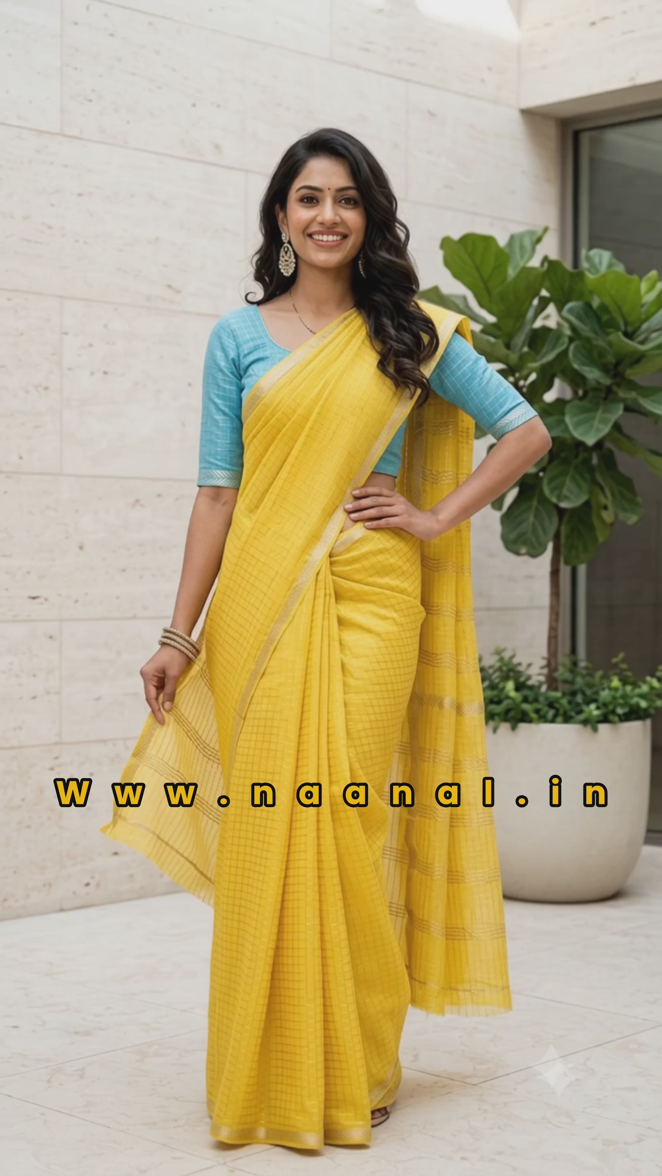 Sunshine Yellow Sungudi Saree with Self-Checks, Zari Border & Sky Blue Blouse Piece | Naanal
