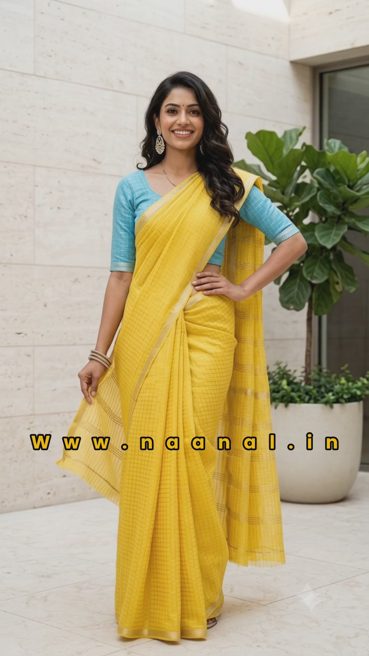 Sunshine Yellow Sungudi Saree with Self-Checks, Zari Border & Sky Blue Blouse Piece