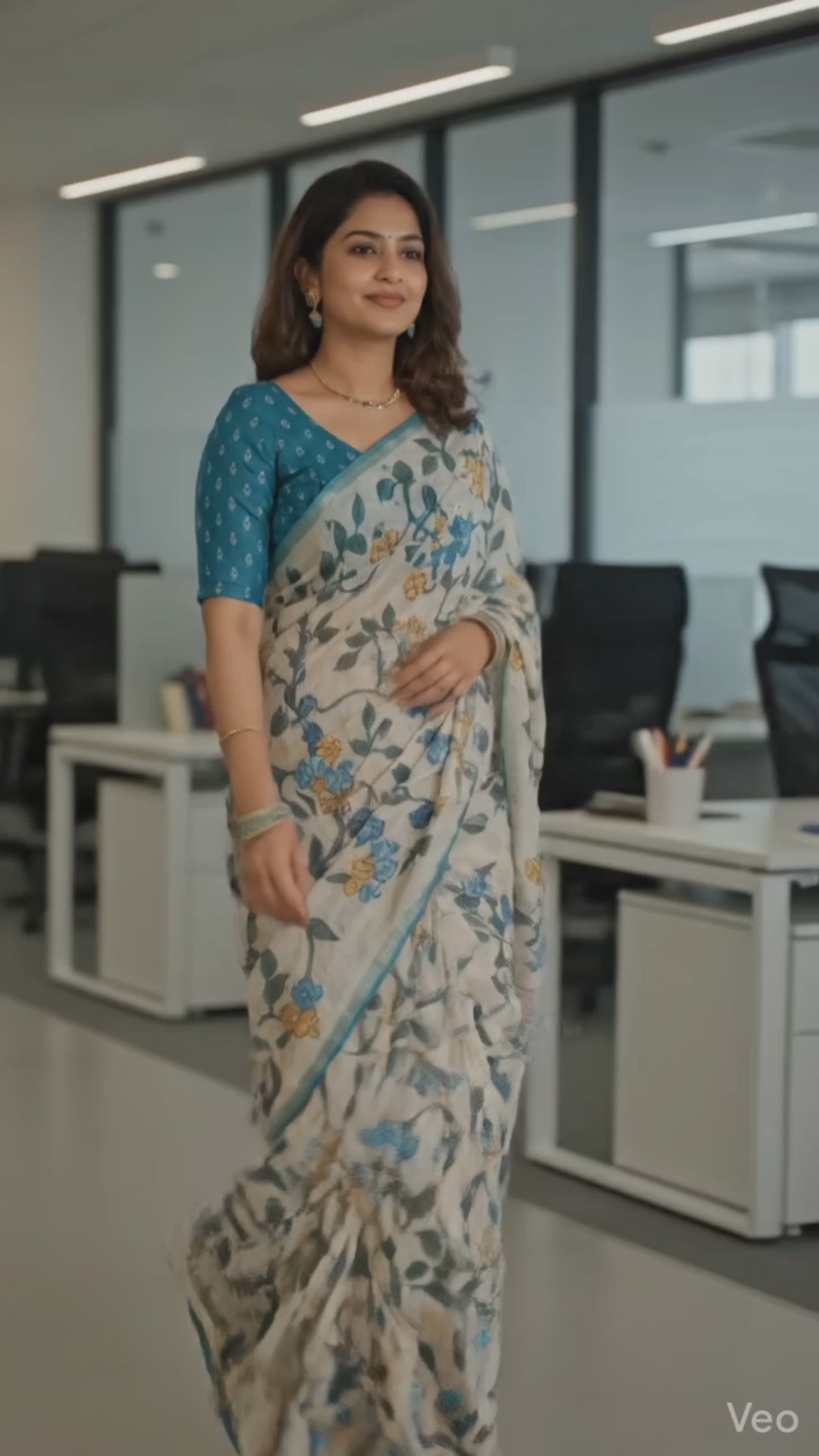 *Prebooking* Elegant Floral Linen Saree in Off-White & Teal Blue - Ns1109