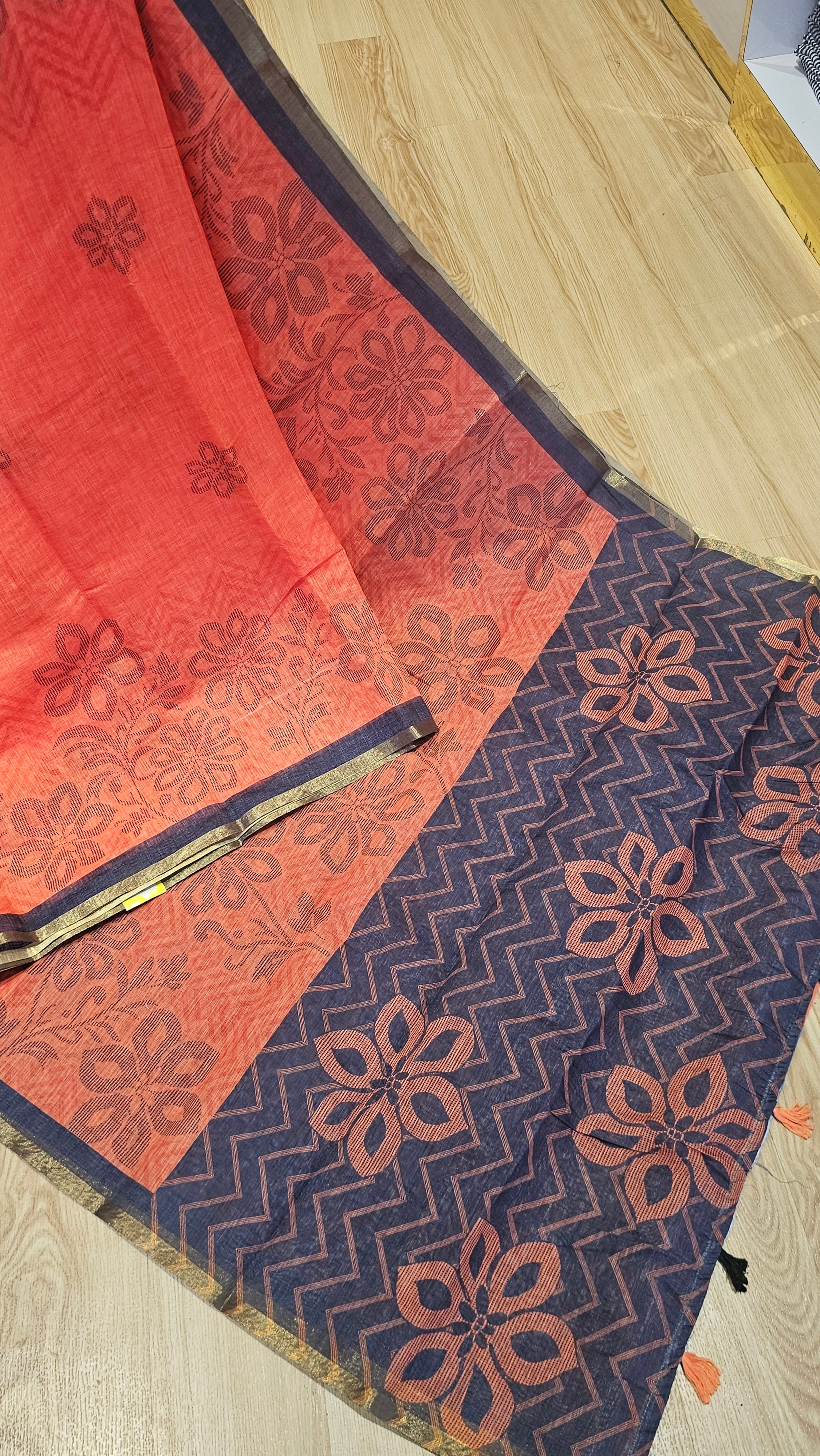 Elegant Orange & Charcoal Grey Linen Cotton Saree for Office Wear | NAANAL