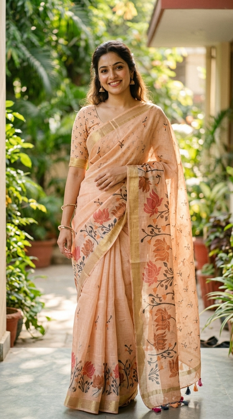 Elegant Peach Linen Cotton Saree | Floral Festive Wear