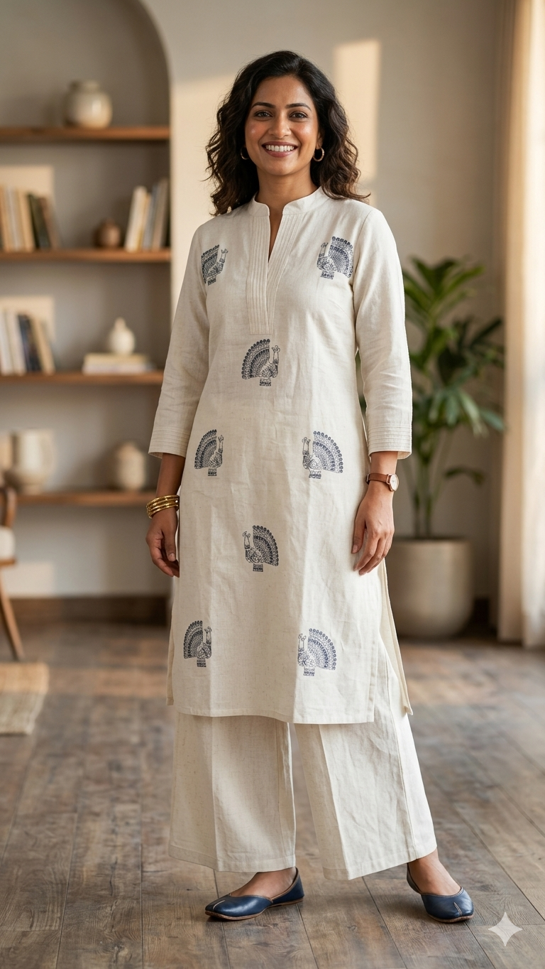 Peacock Embroidered Cotton Co-ord Set – Off-White