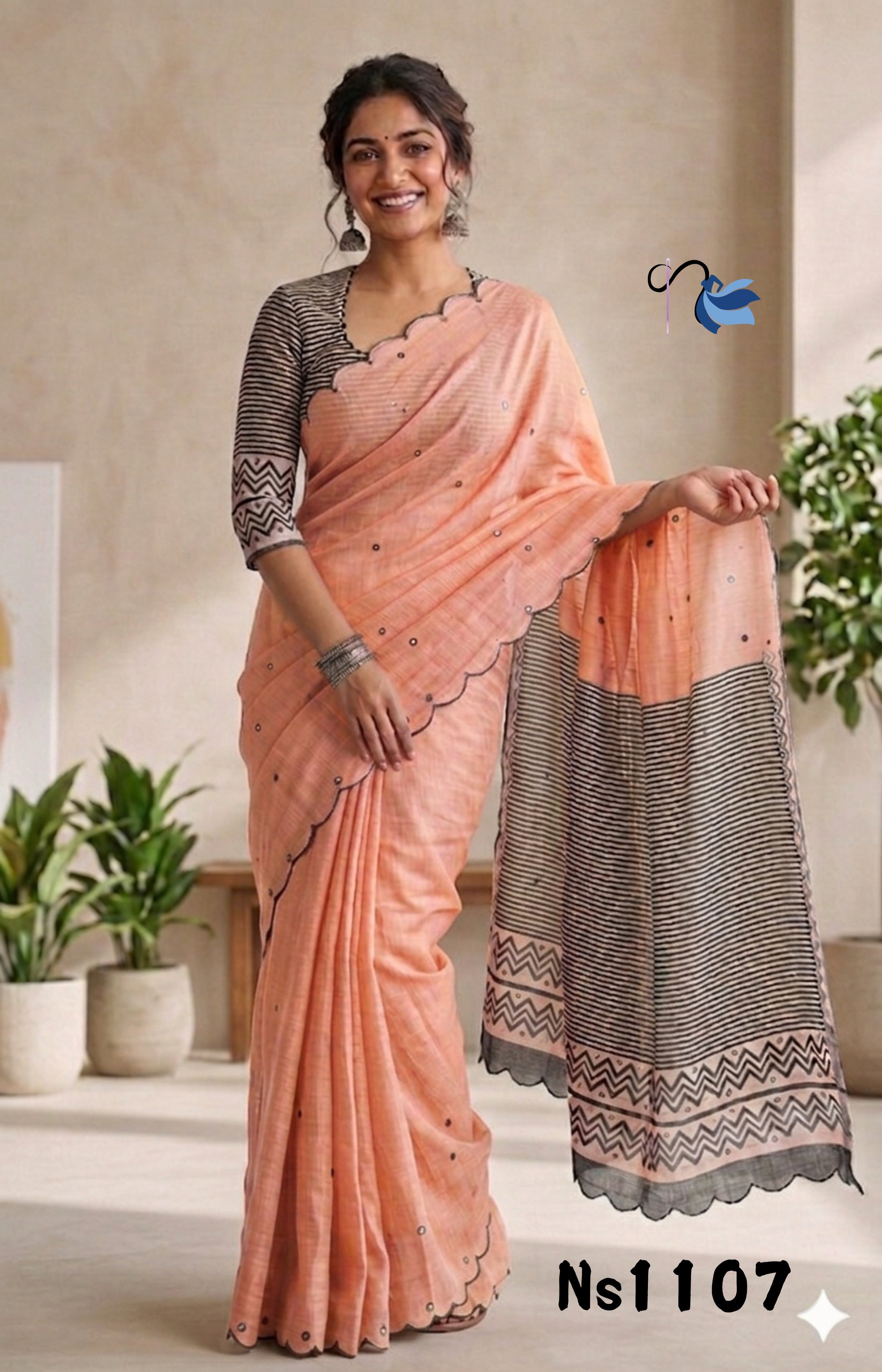 Elegant Peach Linen Cotton Saree with Scalloped Embroidery
