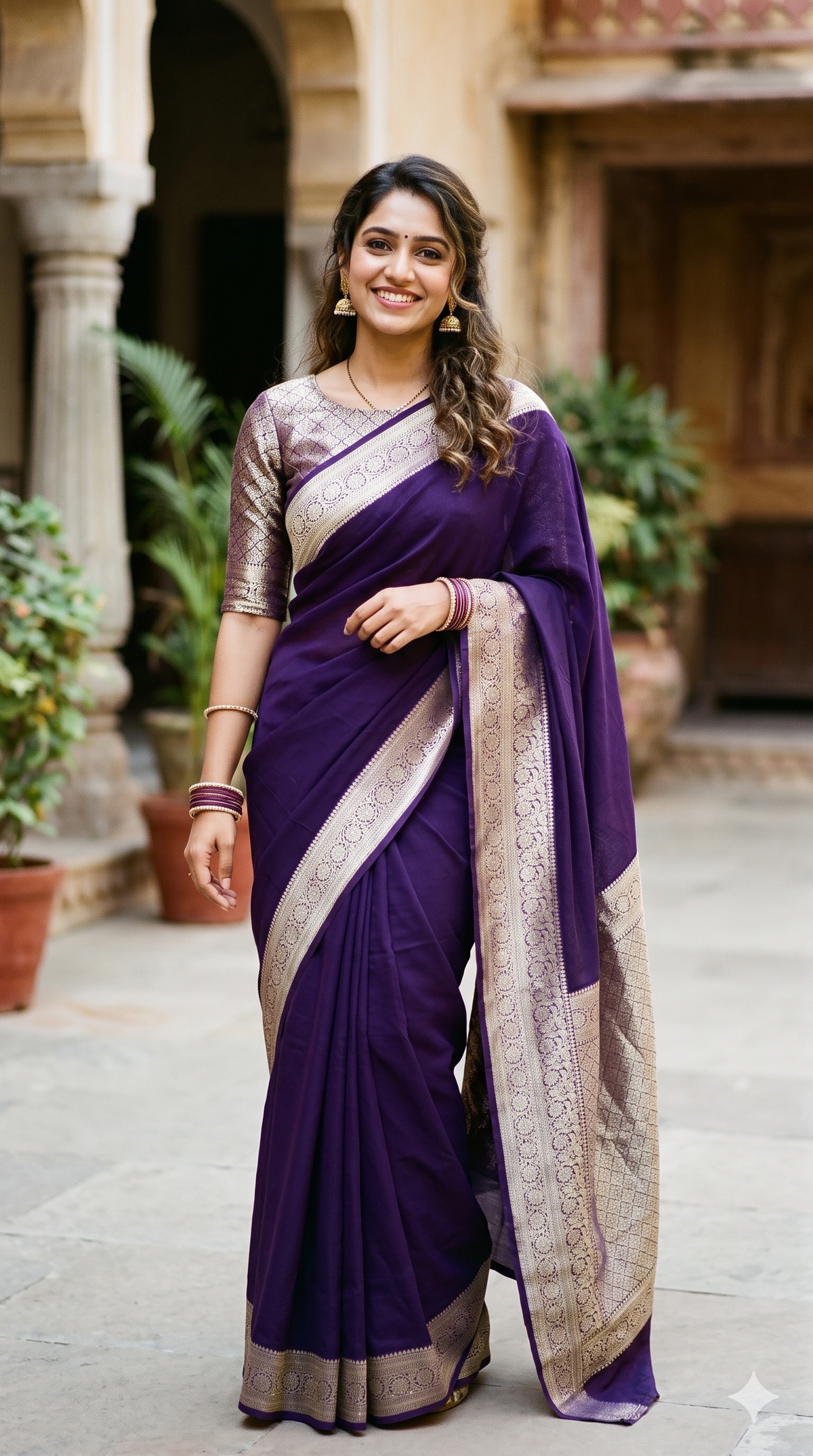 Royal Purple Georgette Saree with Woven Zari Border | NAANAL