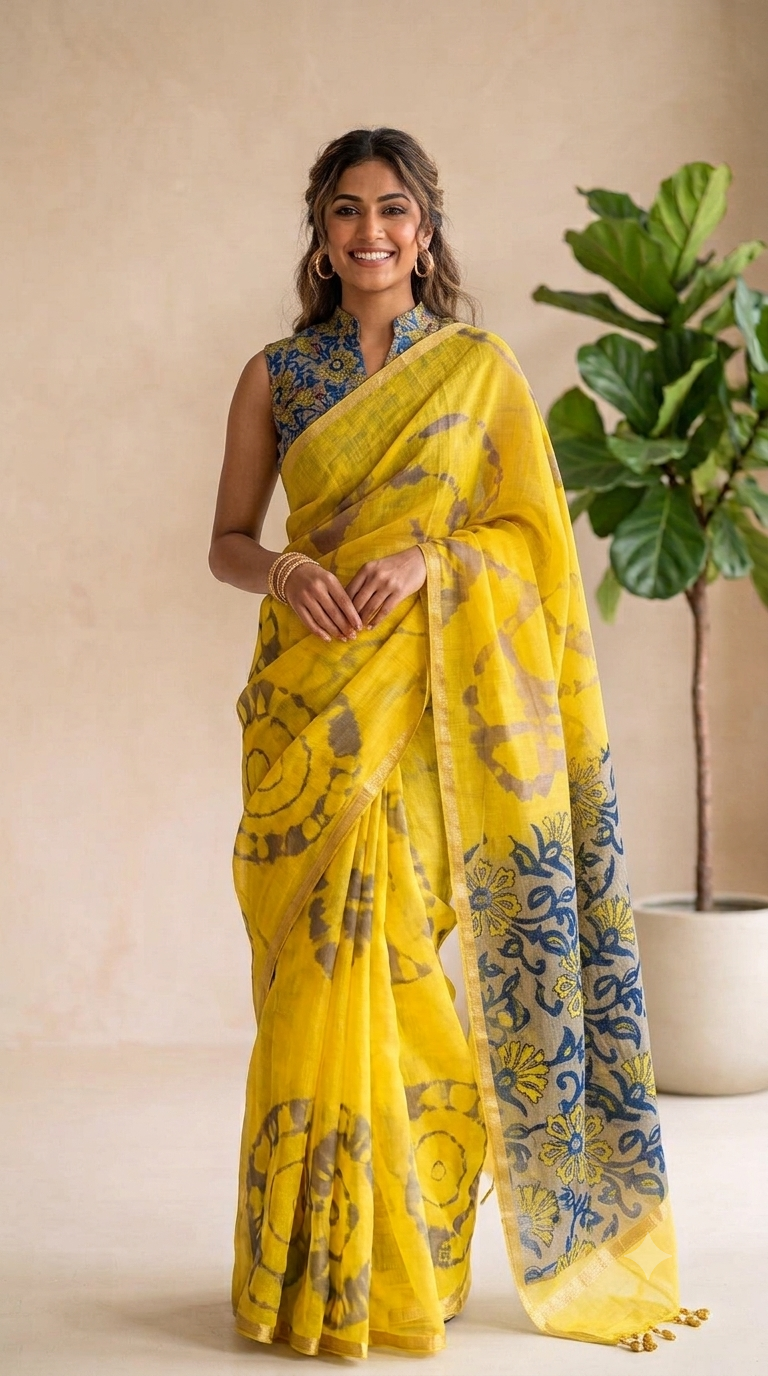 A smiling woman modeling a bright yellow linen cotton saree by NAANAL. The saree features large grey tie-dye circular patterns throughout the body and a thick blue floral border on the pallu. She is wearing a matching blue patterned, sleeveless high-neck blouse and standing next to a potted green plant.