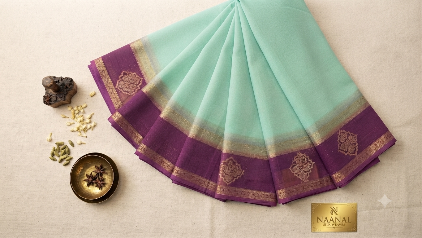 Buy Premium Georgette Saree Online | Mint Green & Purple Designer Saree – NAANAL