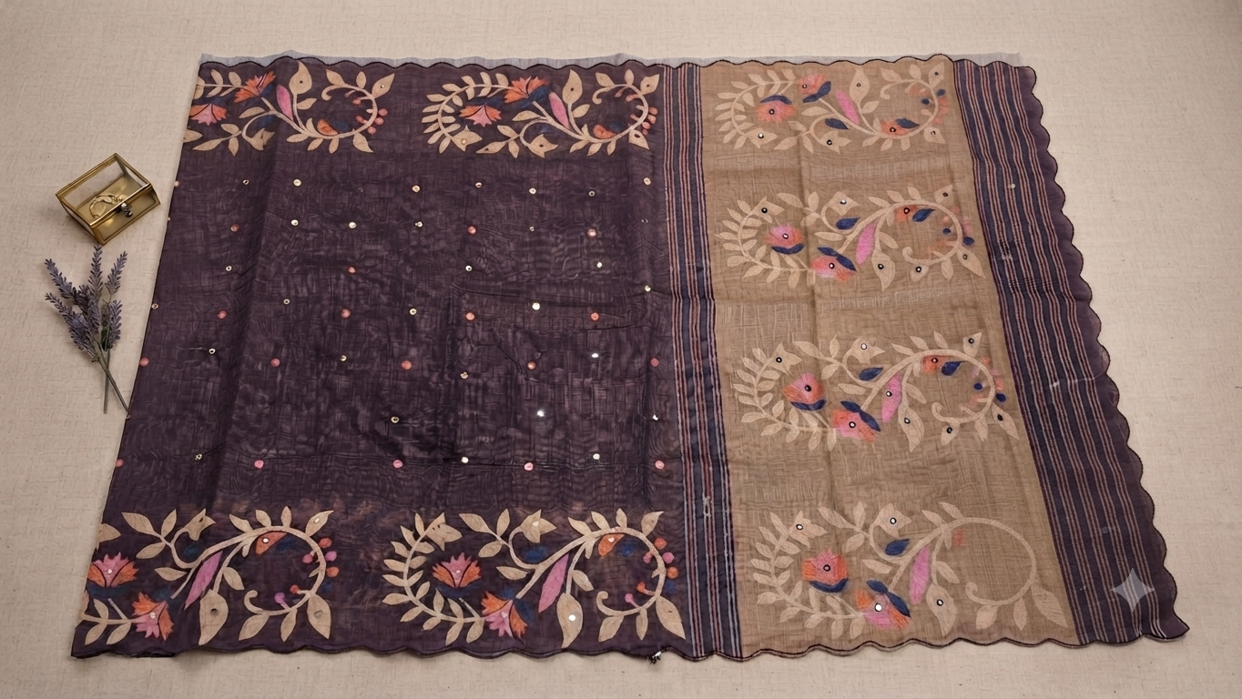 Elegant Deep Purple Linen Saree with Floral prints and Scalloped Border