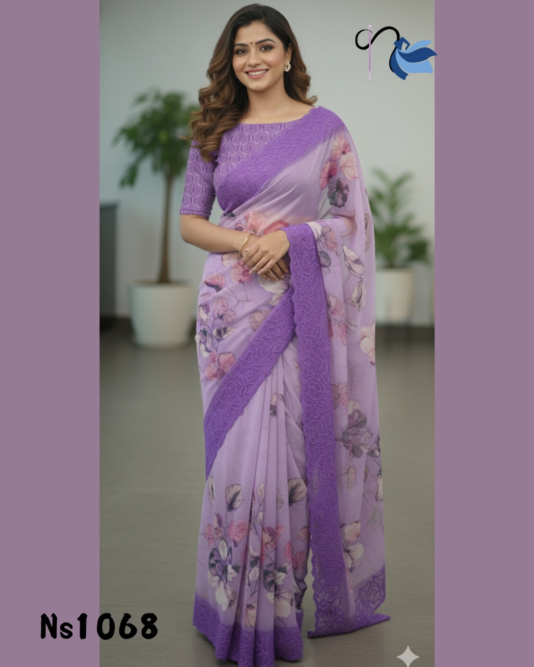 Chiffon saree featuring a delicate floral cutwork border