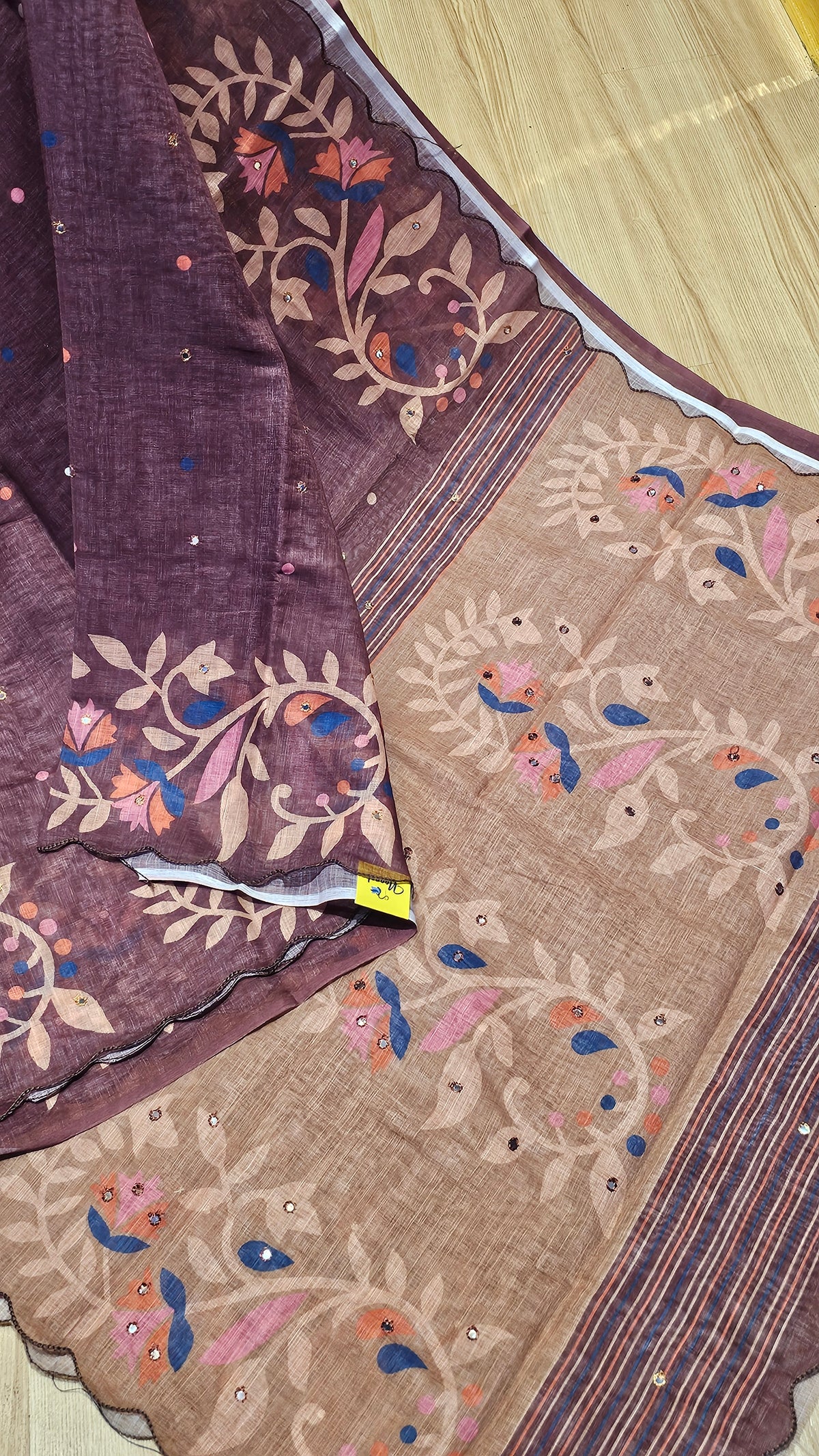Wine & Beige Floral Printed Linen Saree | Scalloped Border