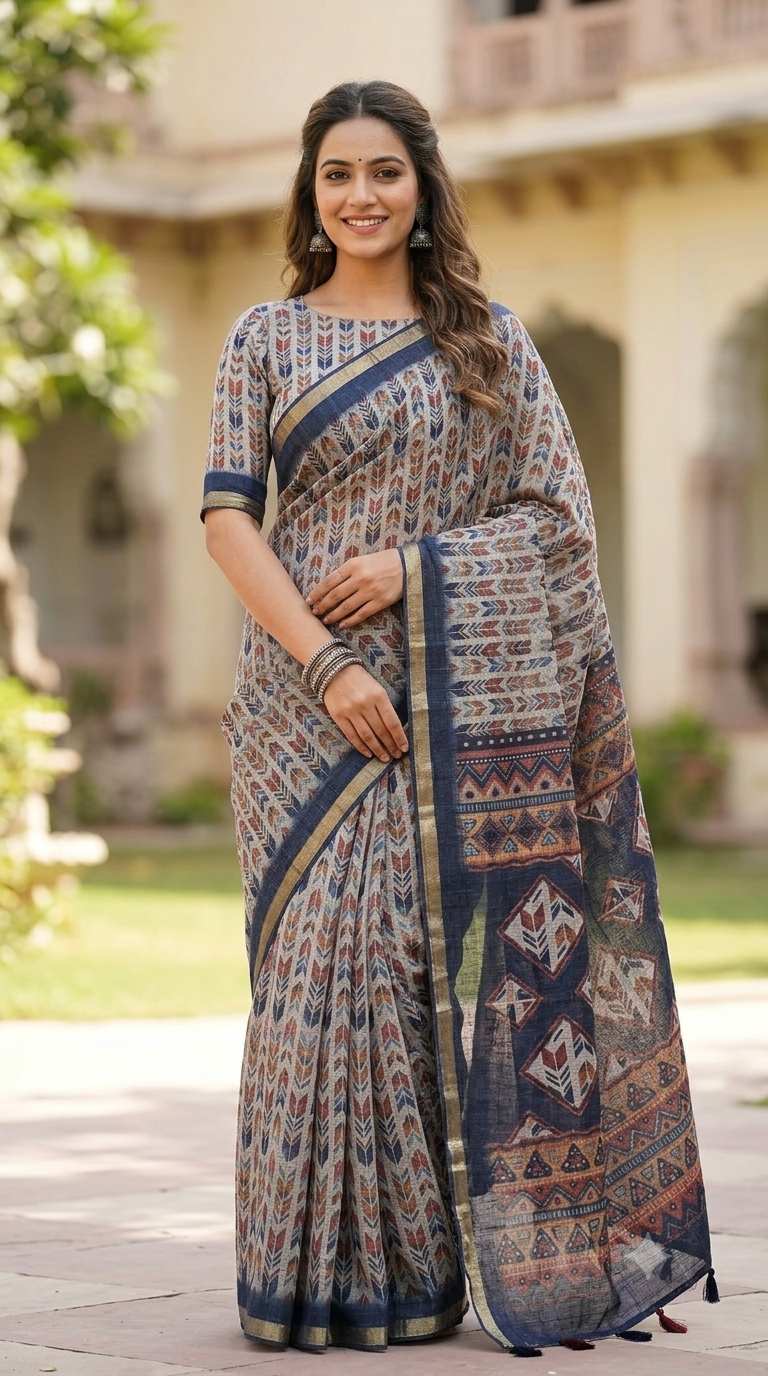 Geometric Print Linen Cotton Saree - Office Wear | NAANAL