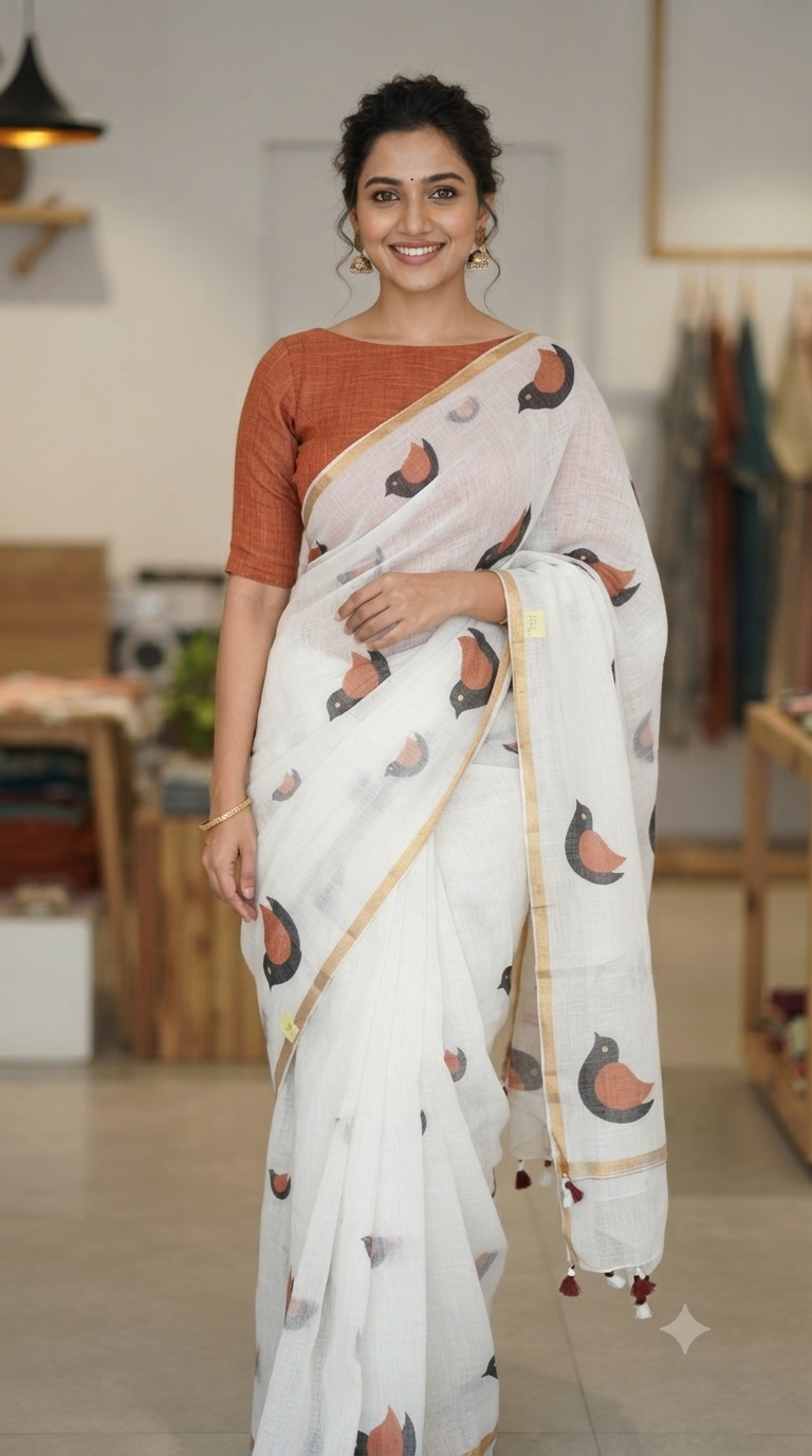 A woman modeling a white cotton saree with a rust orange short-sleeve blouse, featuring a pattern of small brown and black birds and a gold border, in a softly lit boutique setting.