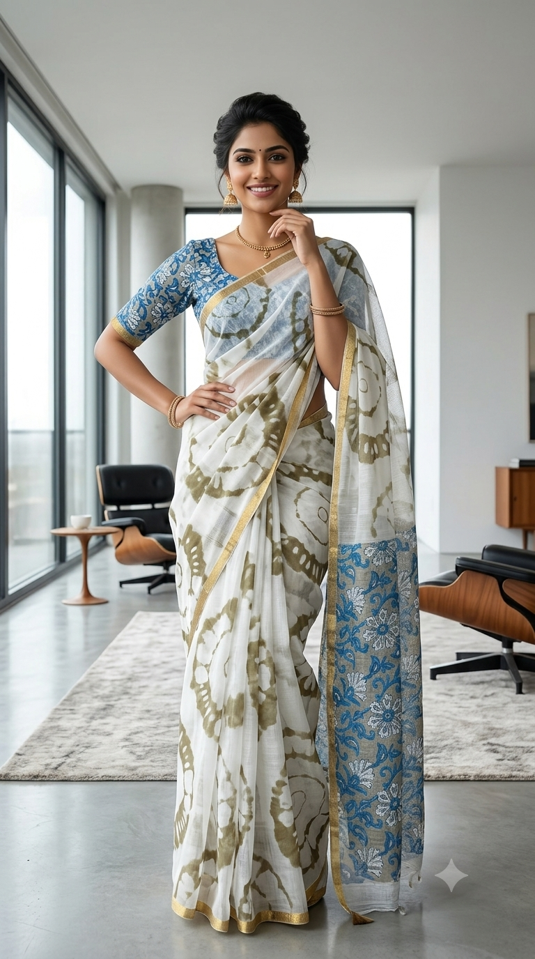 White & Olive Linen Cotton Saree with Blue Floral Pallu| Naanal