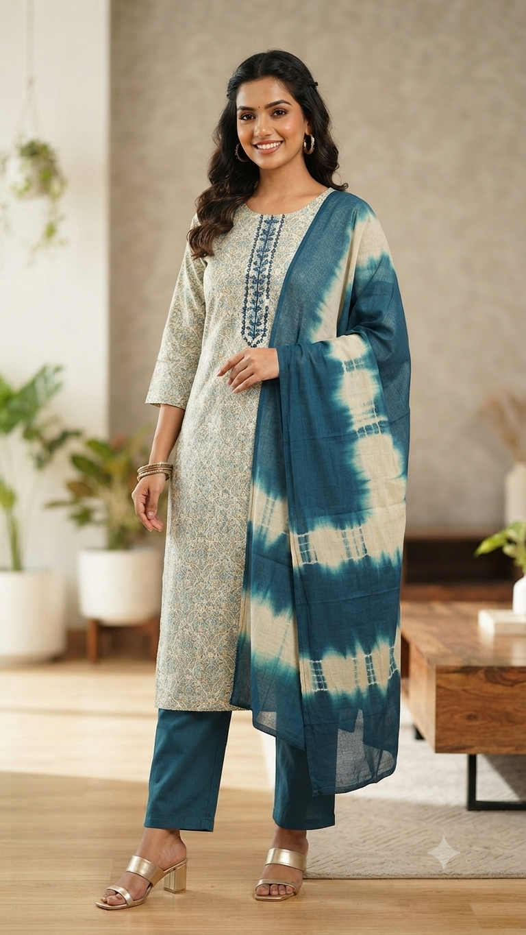 NAANAL Women's Ethnic Cotton Salwar Suit Set with Tie-Dye Dupatta
