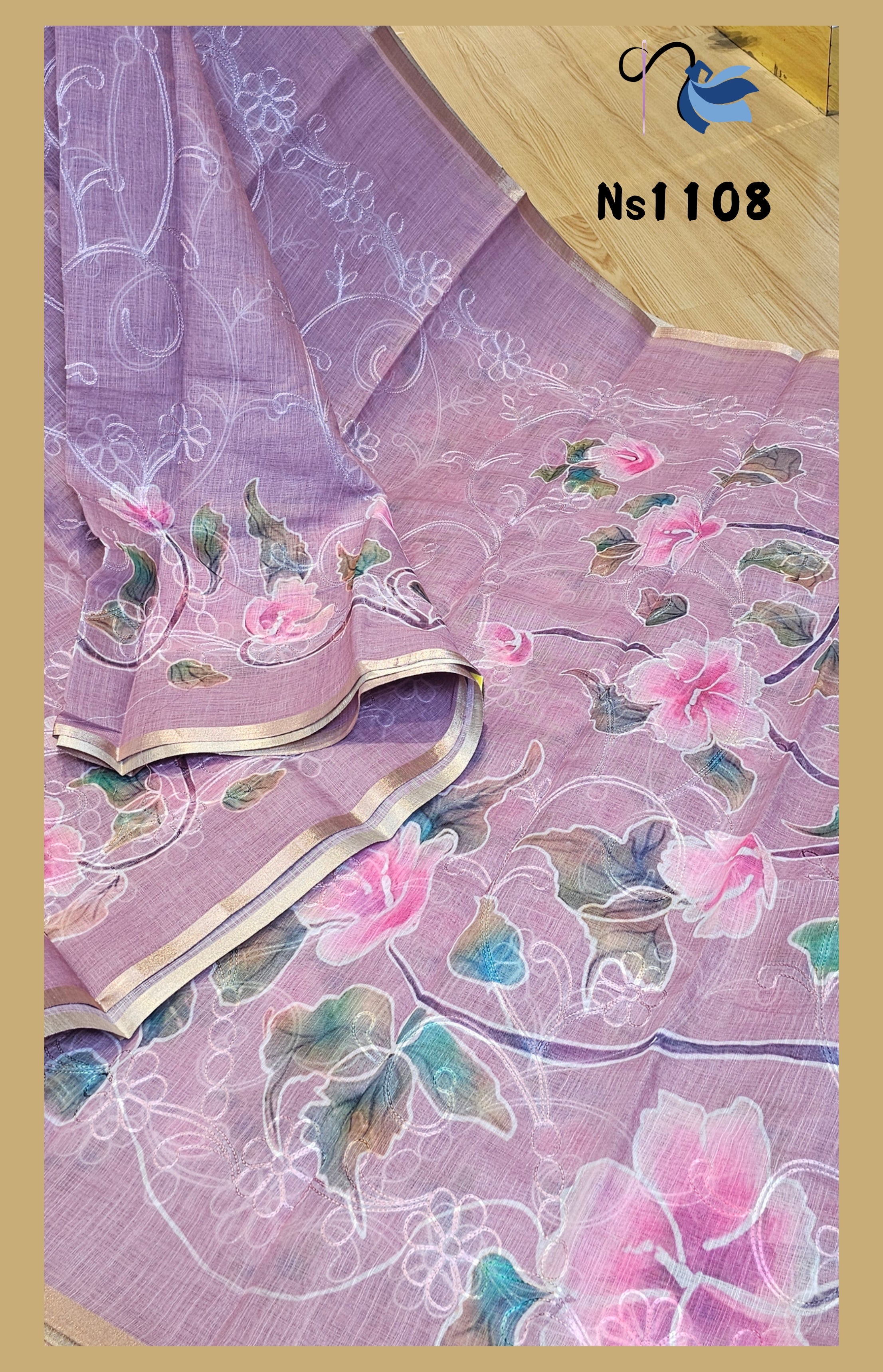 Lavender Mist: Hand-Painted Floral Linen Saree with Zari Border and Embroidery patterns