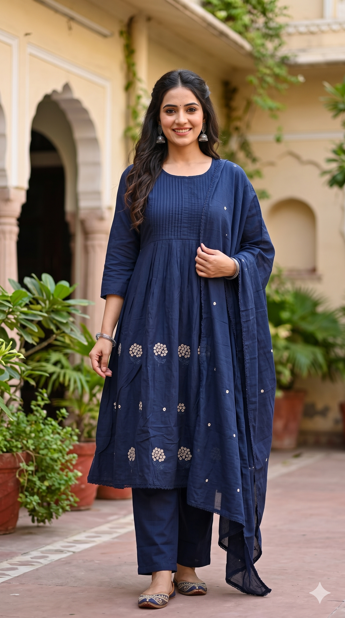 Navy Blue Floral Cotton 3-Piece Salwar Suit Set | Naanal