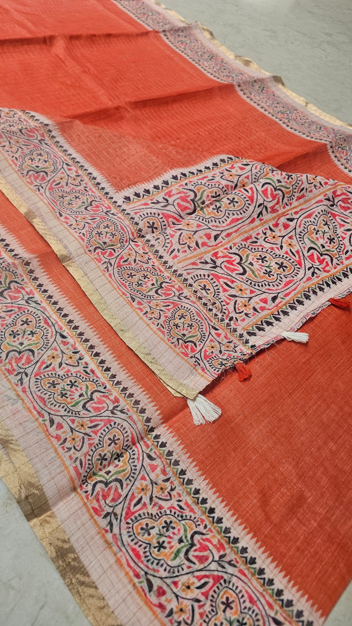 Rust Orange Linen Saree with Kalamkari Print | Naanal