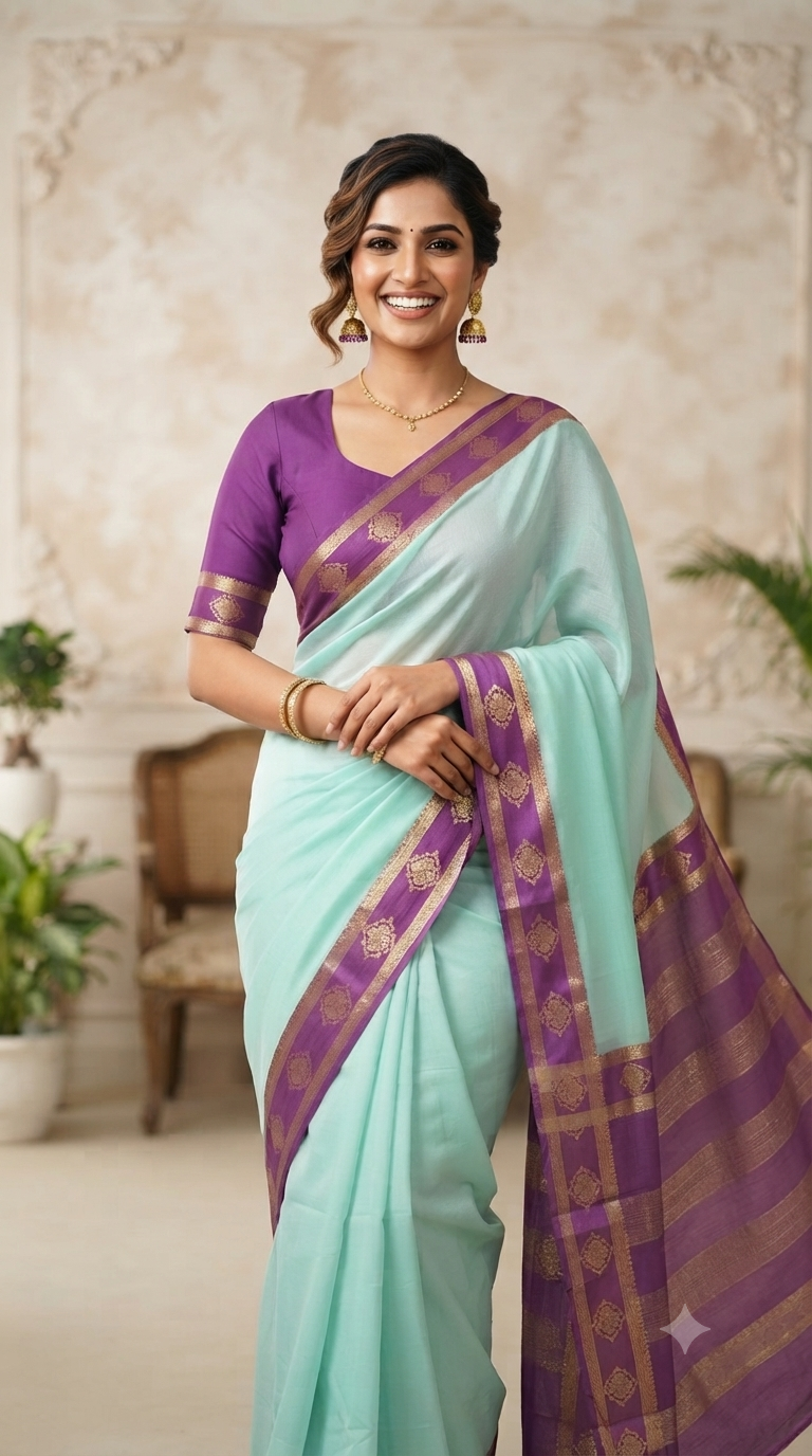 Buy Premium Georgette Saree Online | Mint Green & Purple Designer Saree – NAANAL