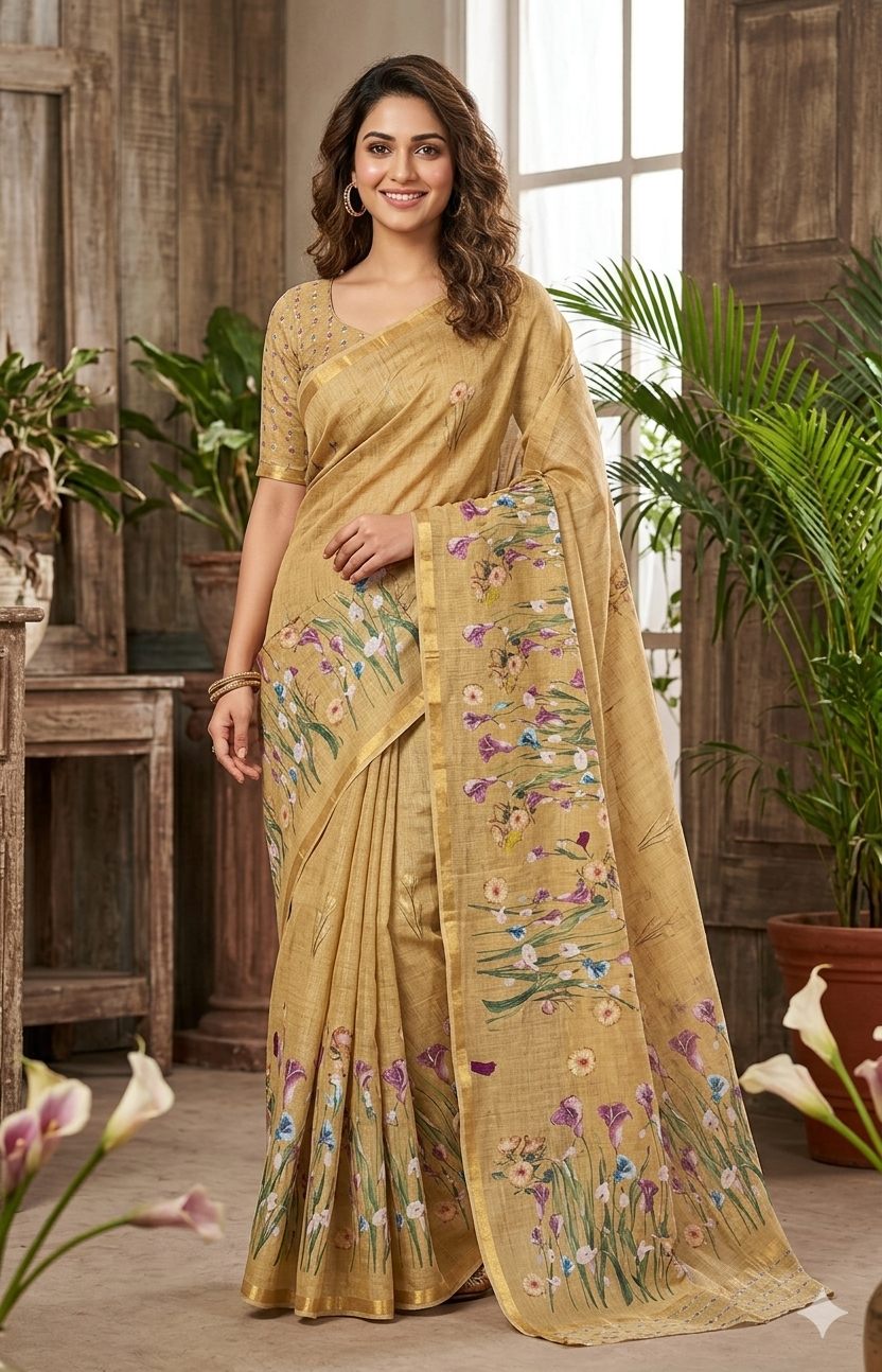 Elegant Mustard Floral Linen Saree with Print Blouse | Naanal